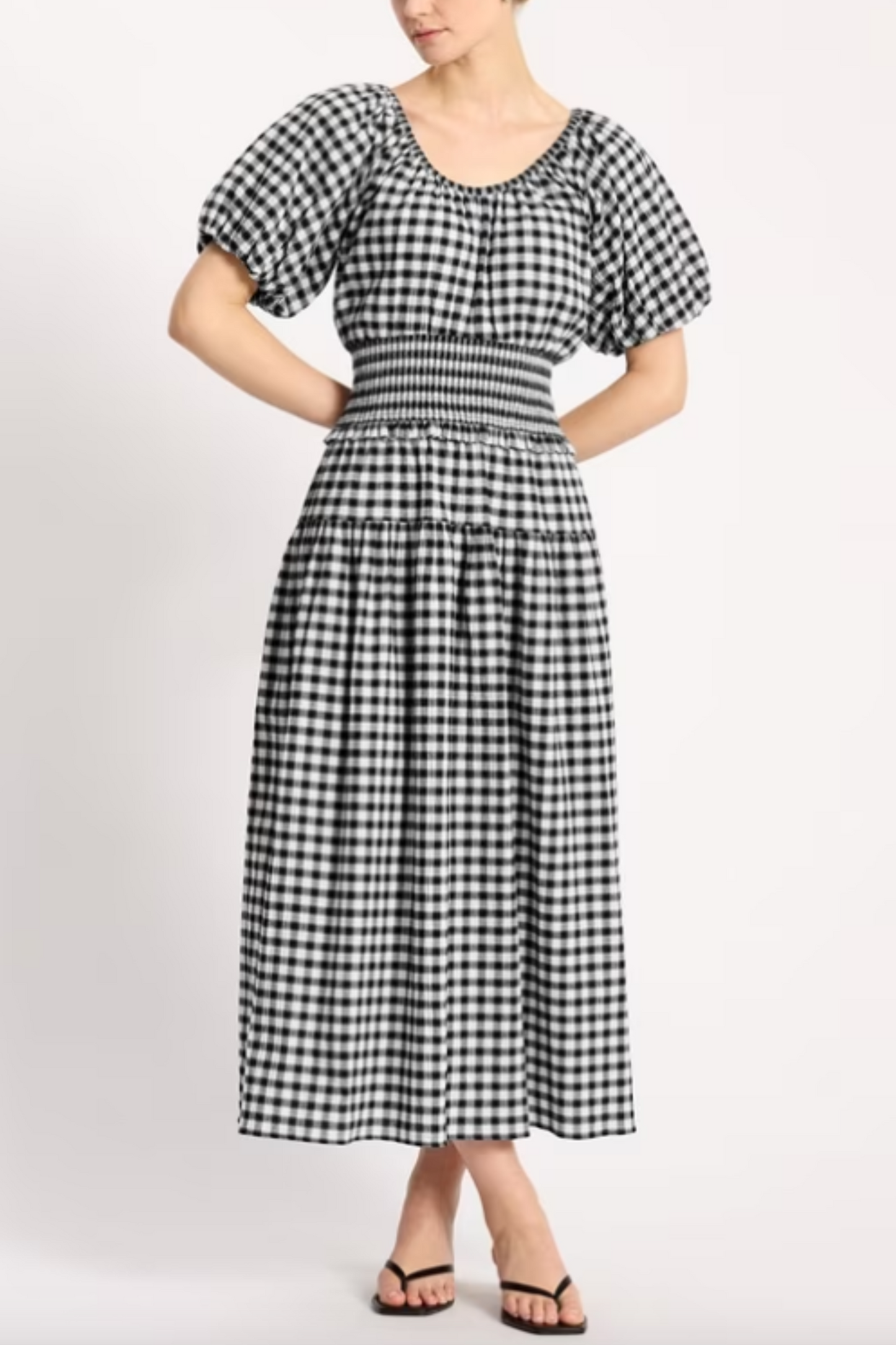 Gingham Shirred-waist Midi Dress