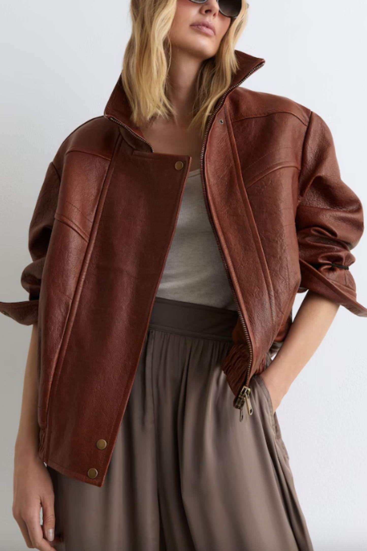 Textured Leather Oversized Jacket in Chestnut Brown