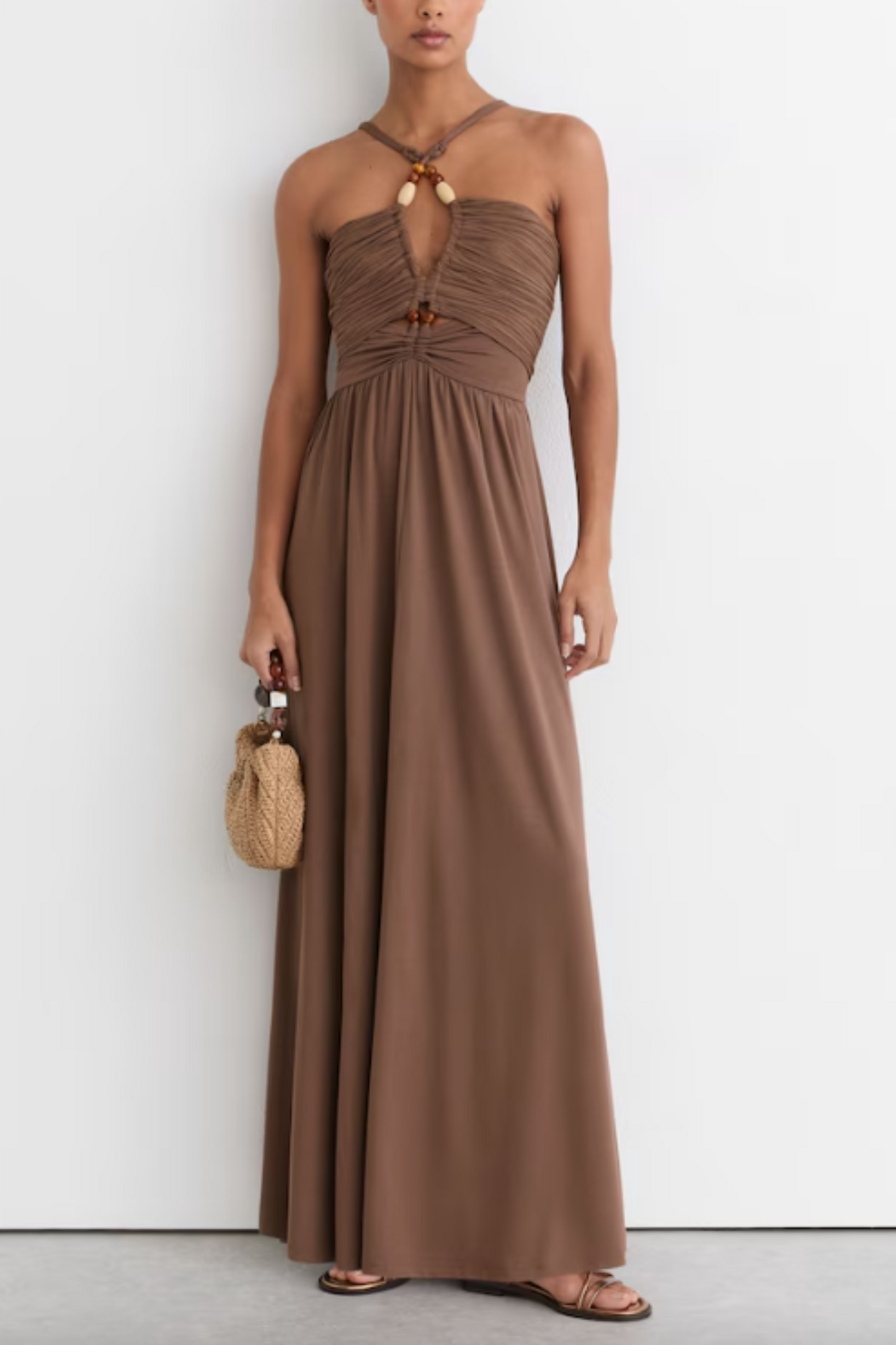 Jersey Bead-Detail Ruched Maxi Dress in Taupe Brown