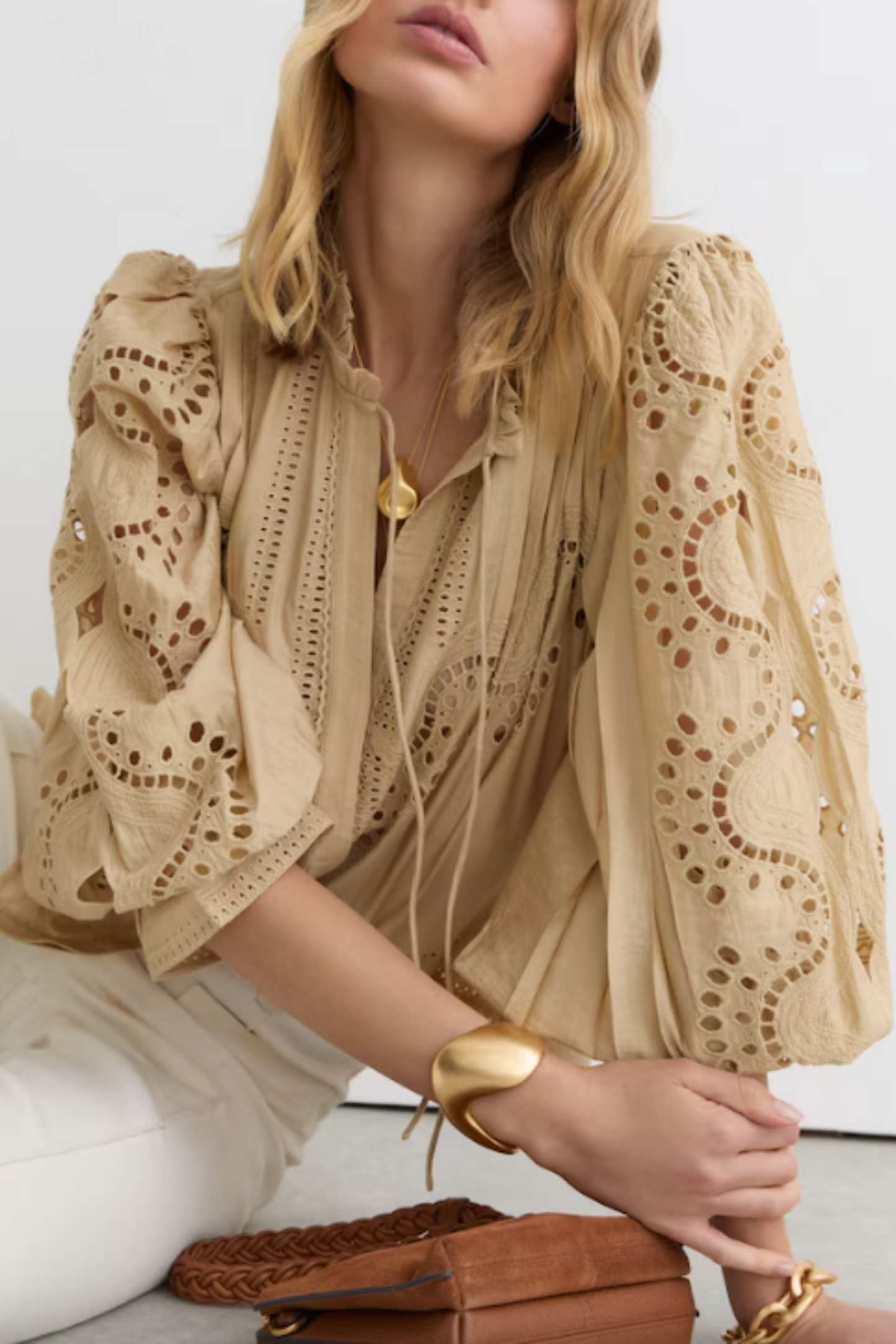 Broderie Anglaise Tie-Neck Blouse in Neutral