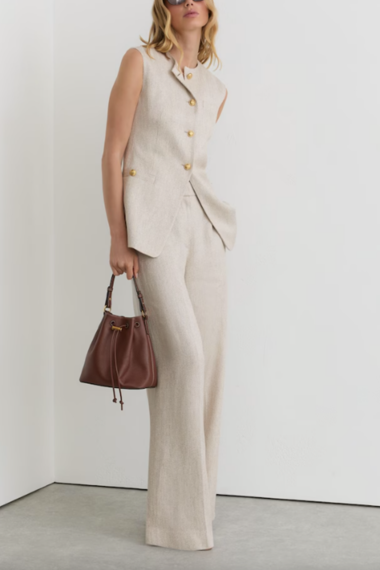 Linen-blend Textured Longline Waistcoat in Neutral