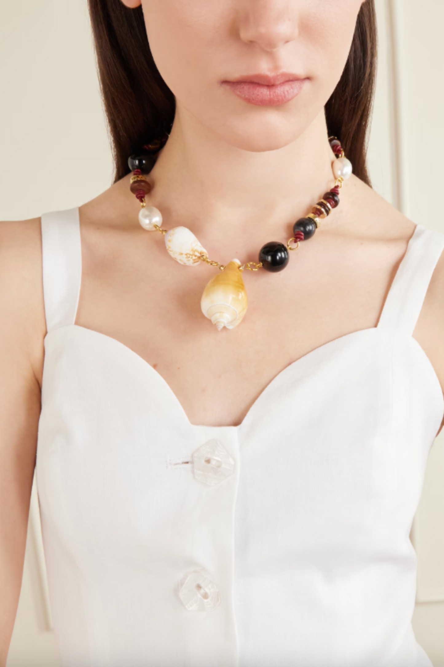 Samsara Gold-plated, Onyx, Leather and Seashell Beaded Necklace