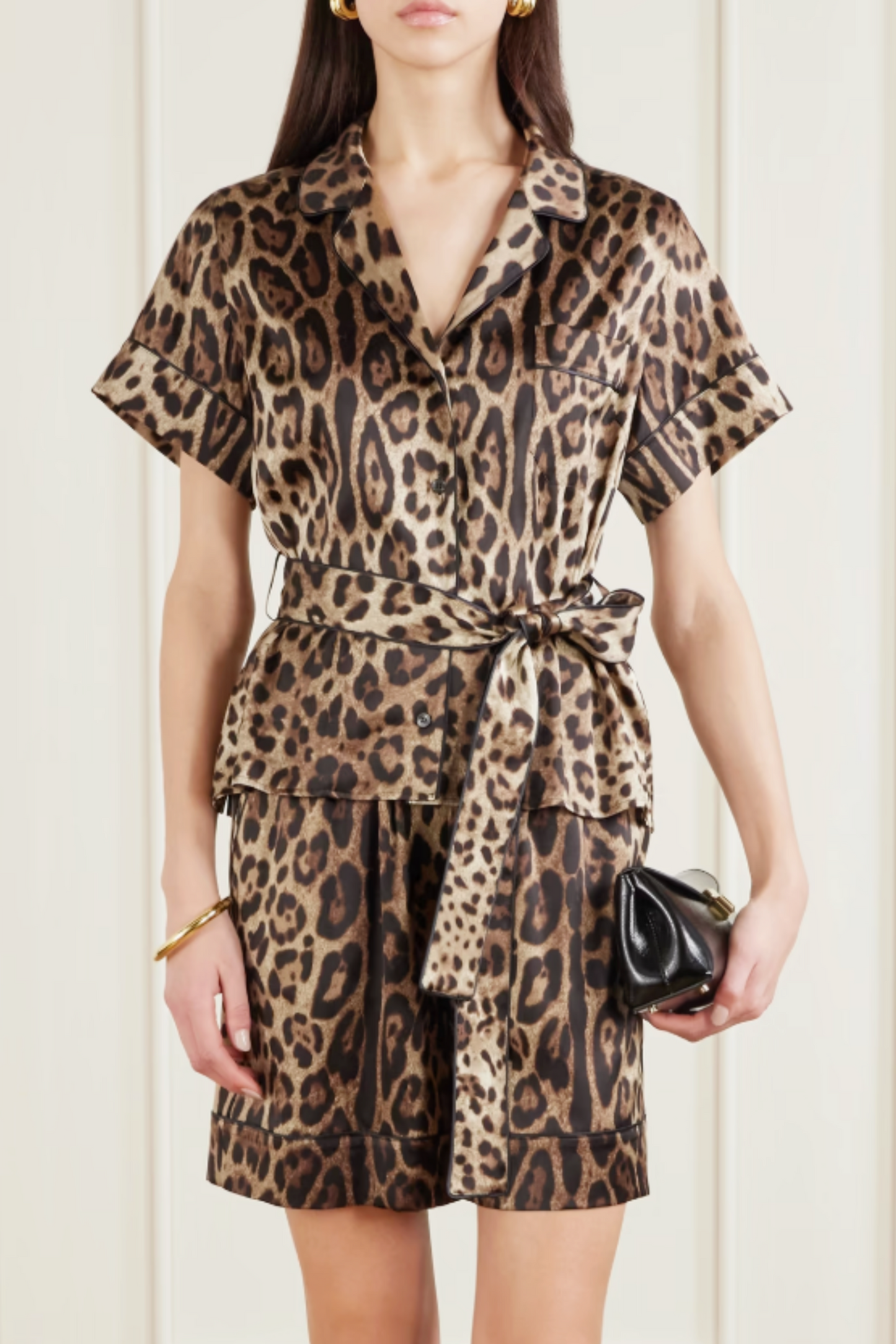 Belted Piped Leopard Print Silk-blend Satin Shirt