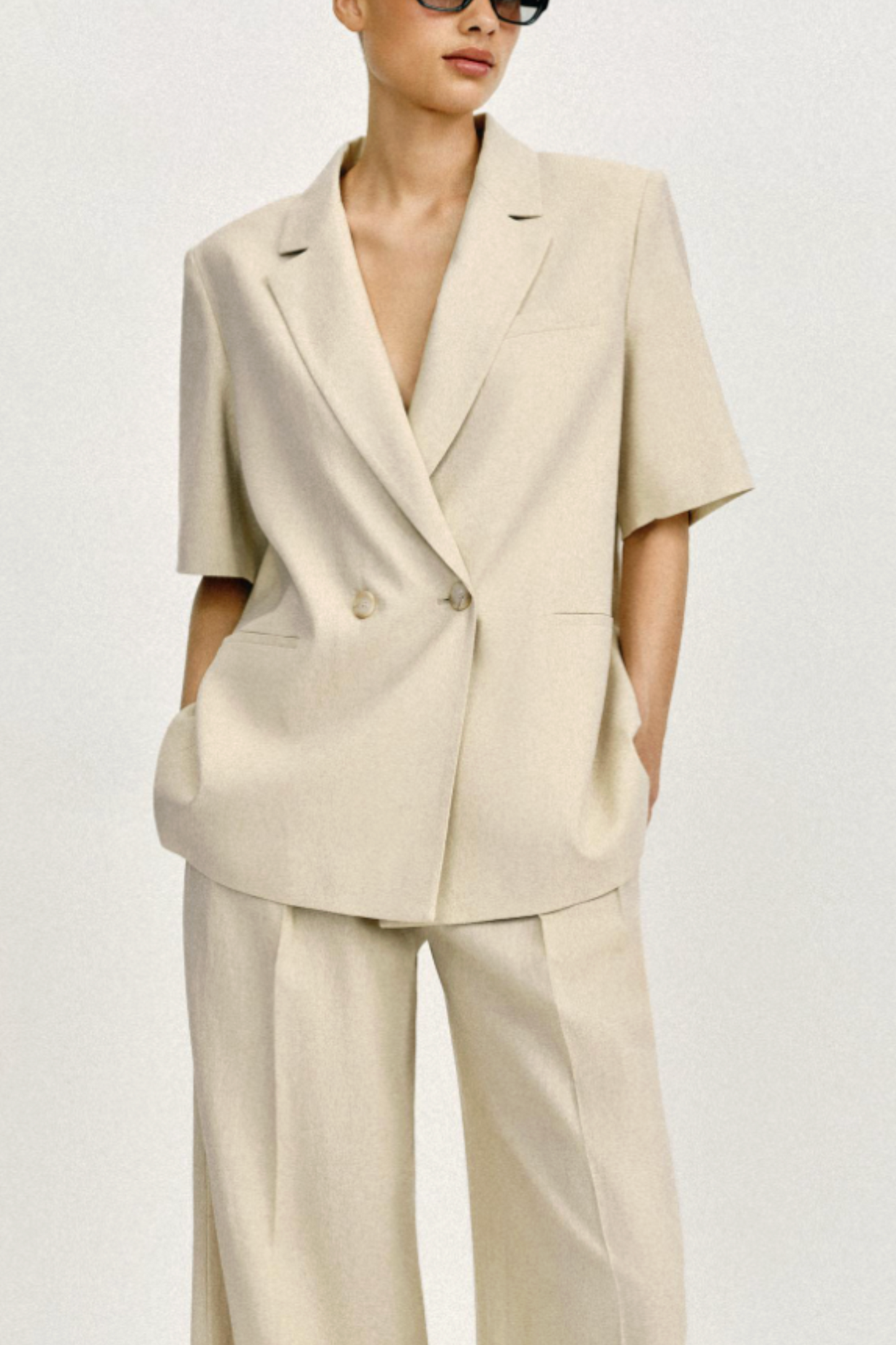 Double-Breasted Linen Blend Short Sleeve Blazer