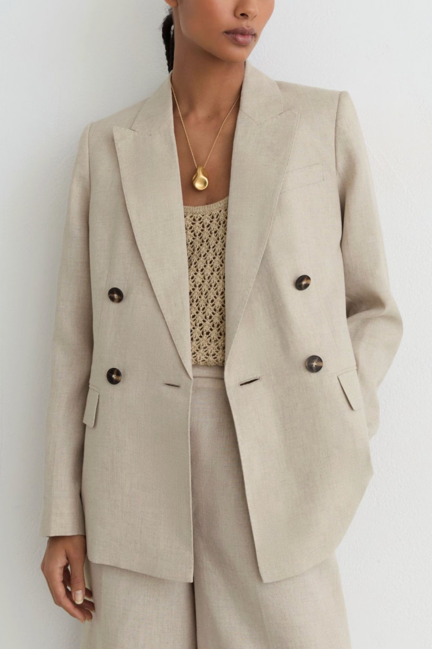 Linen Double-breasted Suit Blazer in Neutral