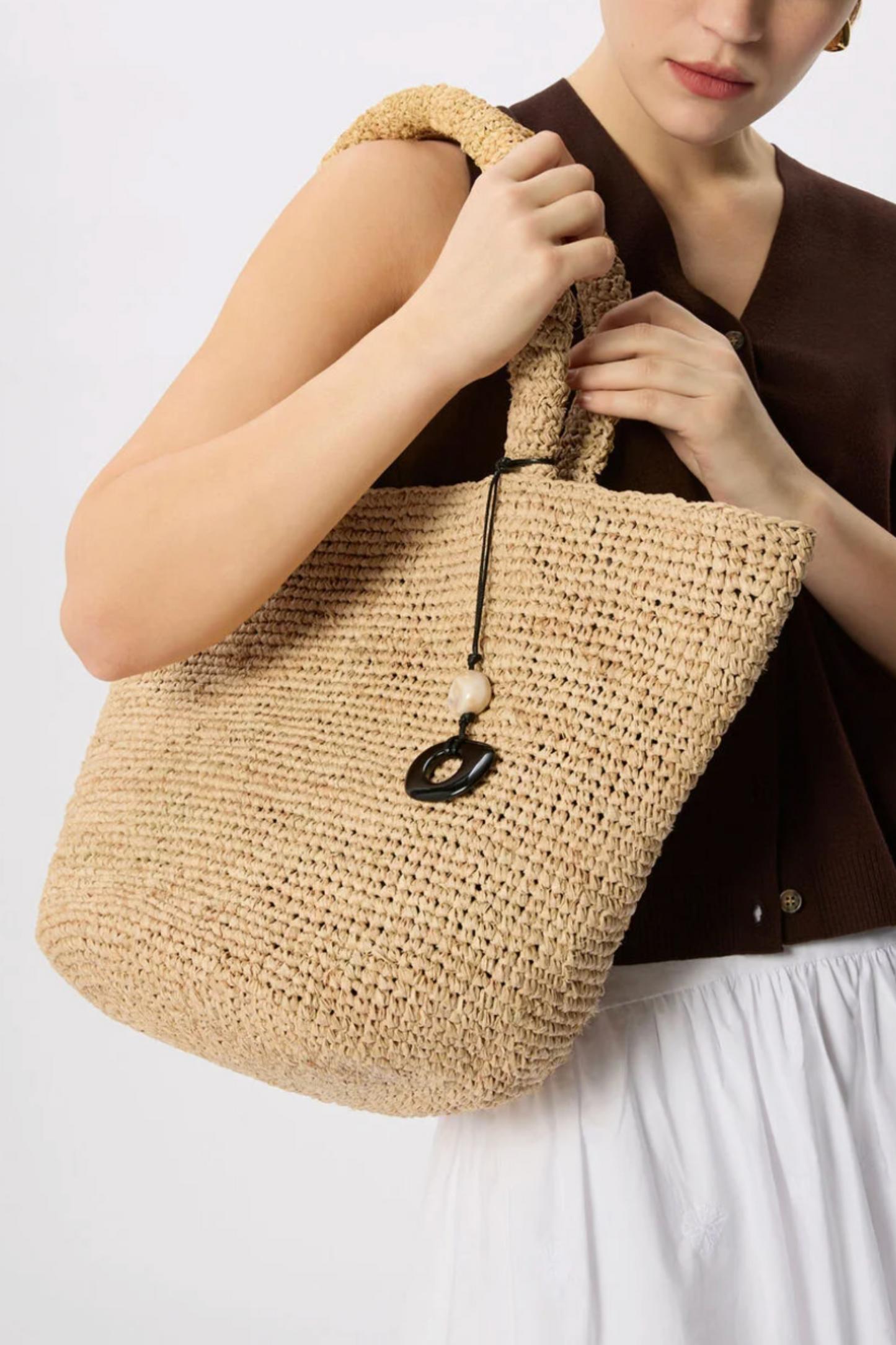 Neutral Straw Tote Bag with Charm