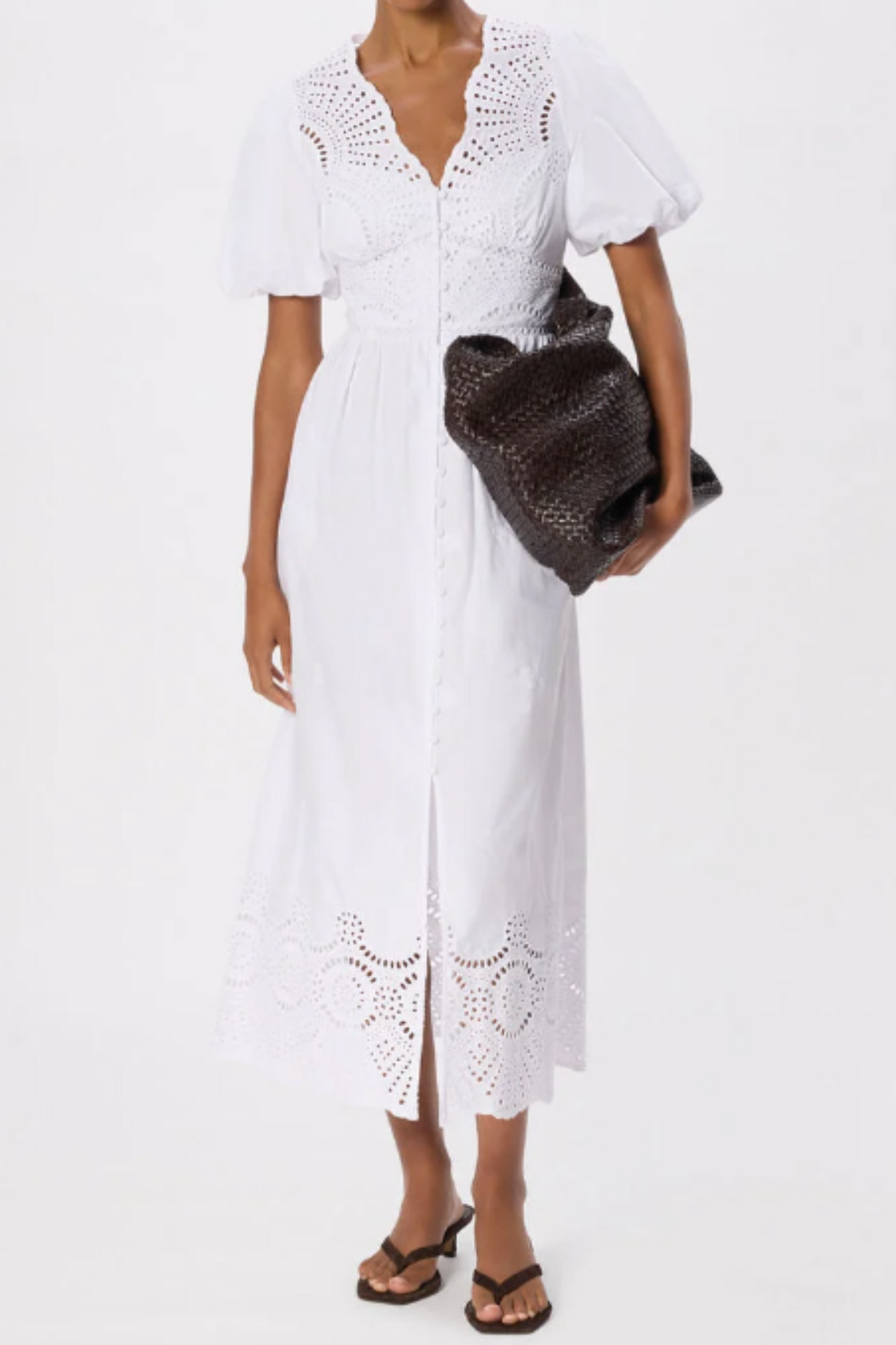 White Cotton Broderie V Neck Dress