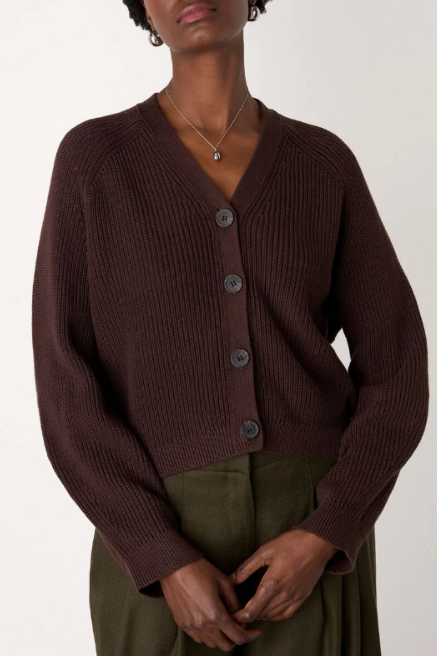 Brown V Neck Cotton Cardigan