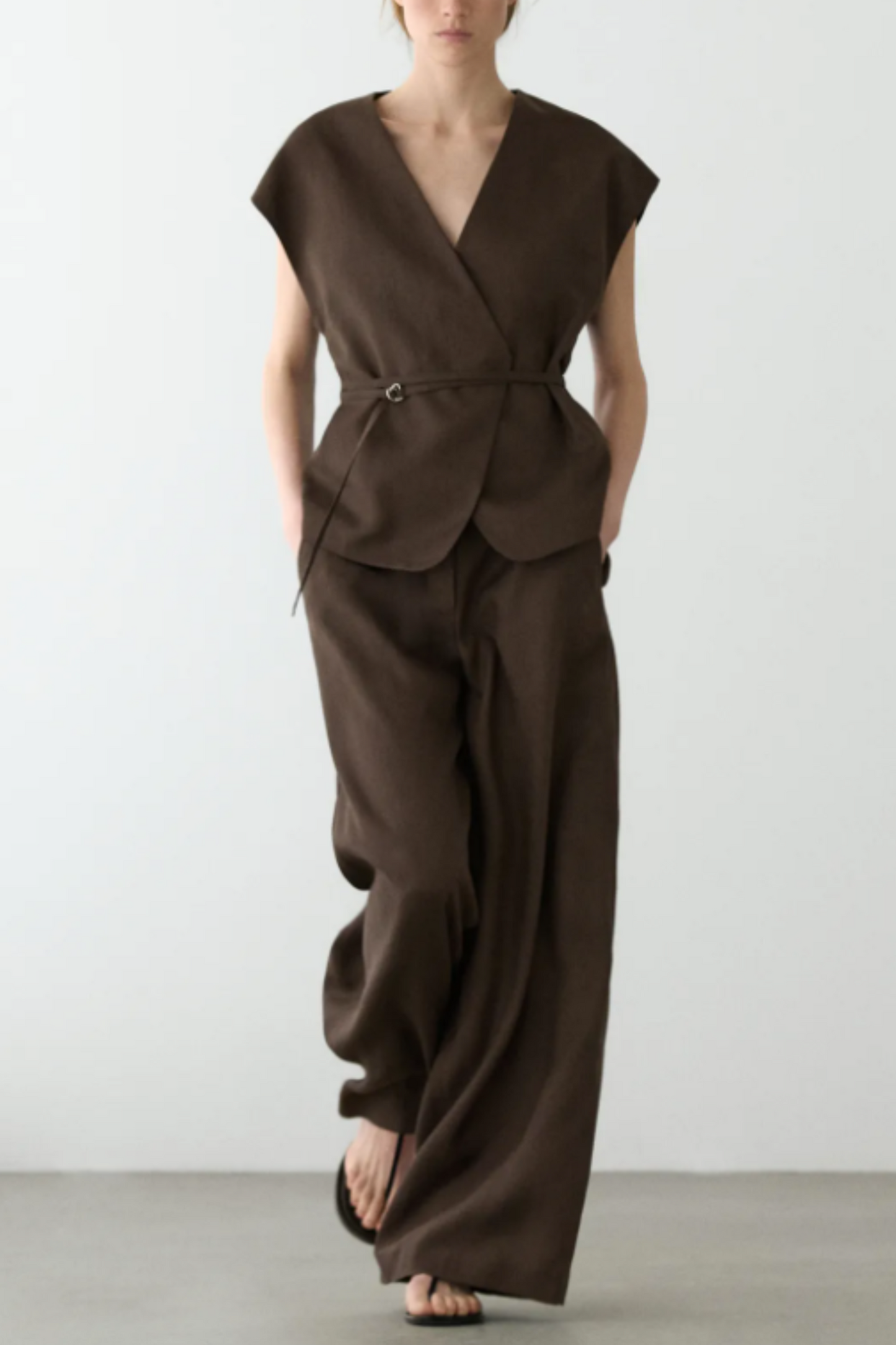 Linen Blend Waistcoat with Wrap Neckline