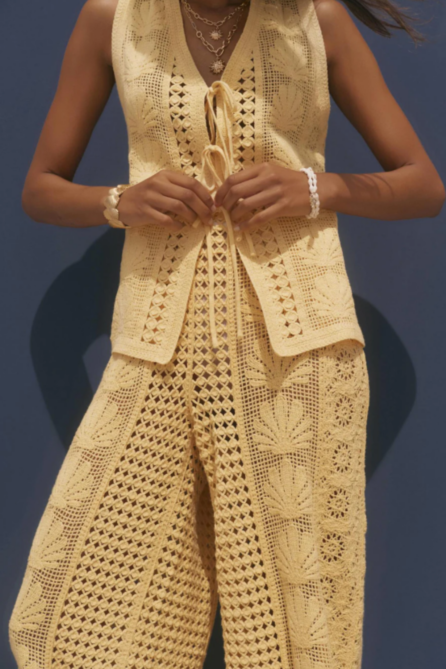 Yellow Crochet Shell Tie Front Top