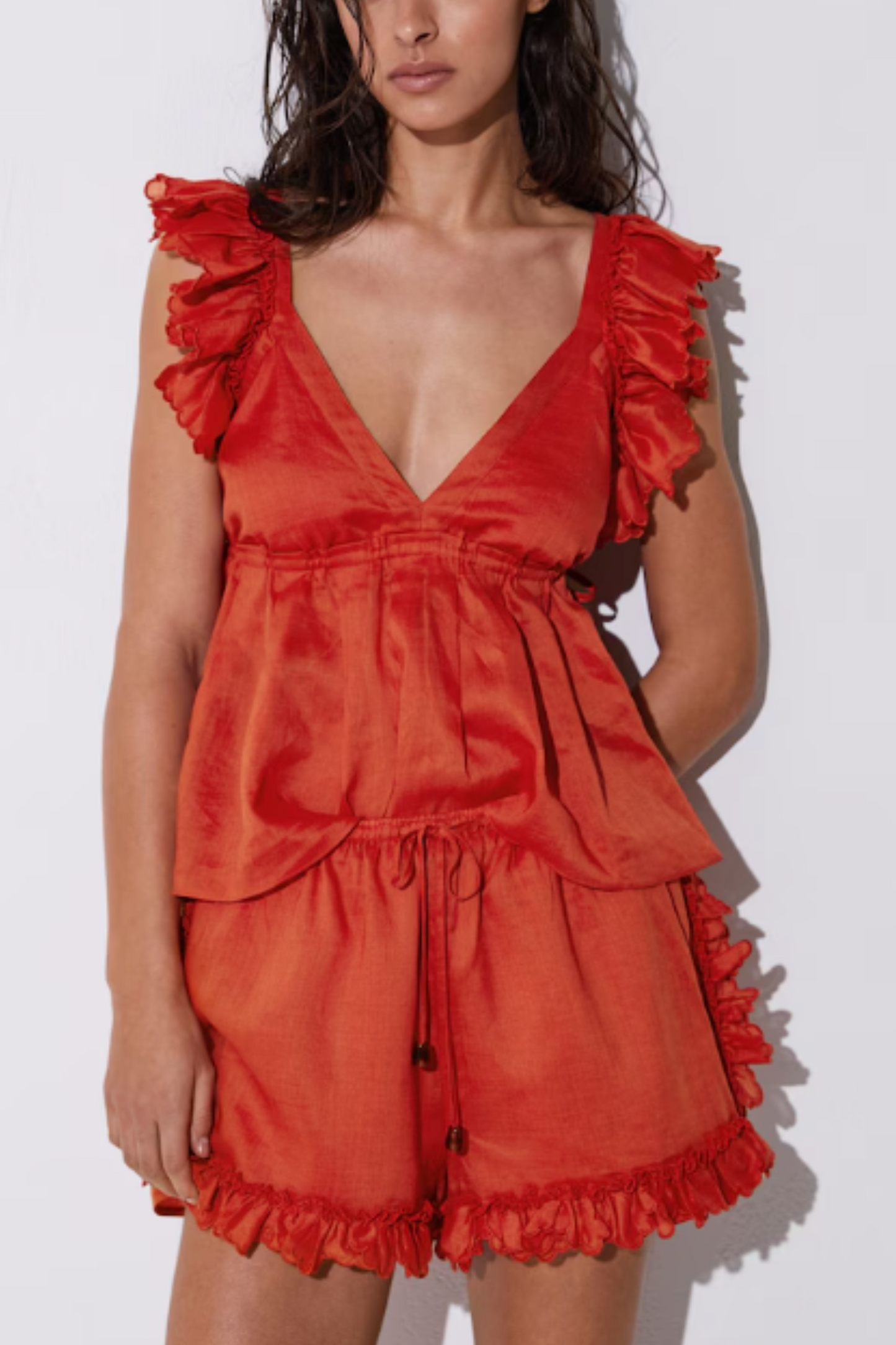 Brook Ruffle-Trim Drawstring Shorts in Orange
