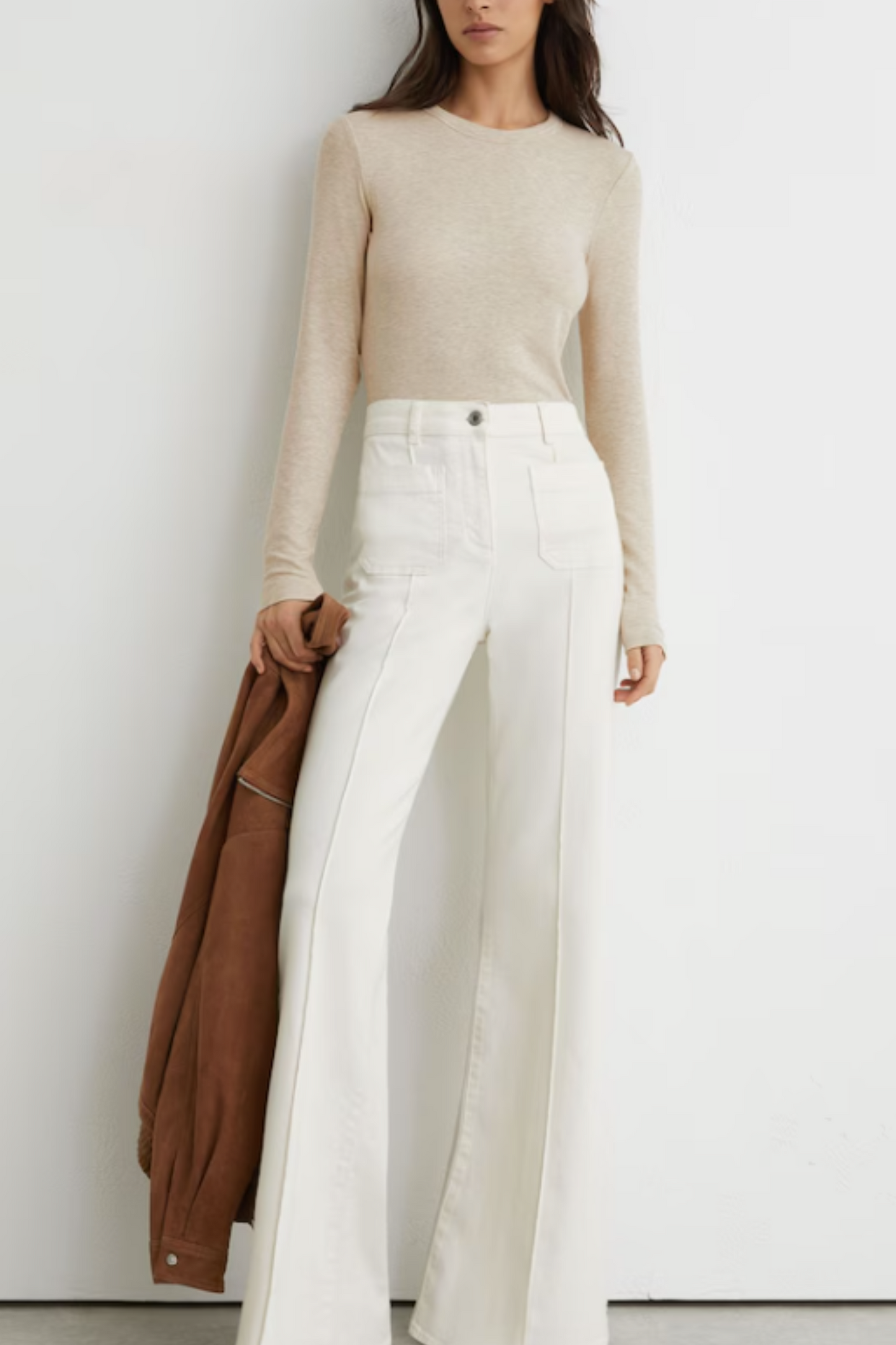 Jersey Crew-Neck Long-Sleeve Top in Neutral Marl
