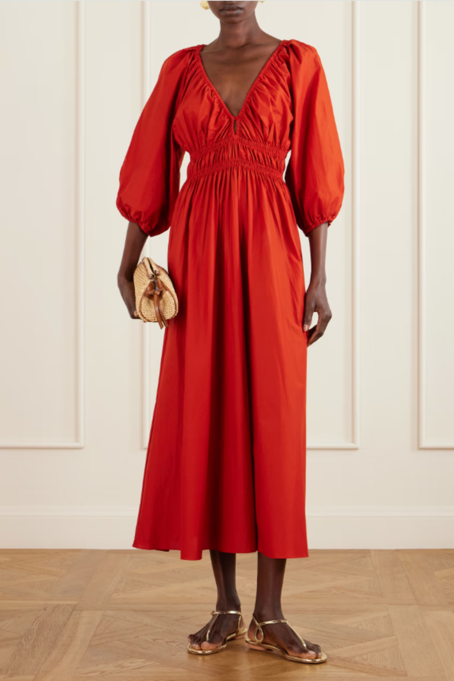Shirred organic cotton-poplin maxi dress