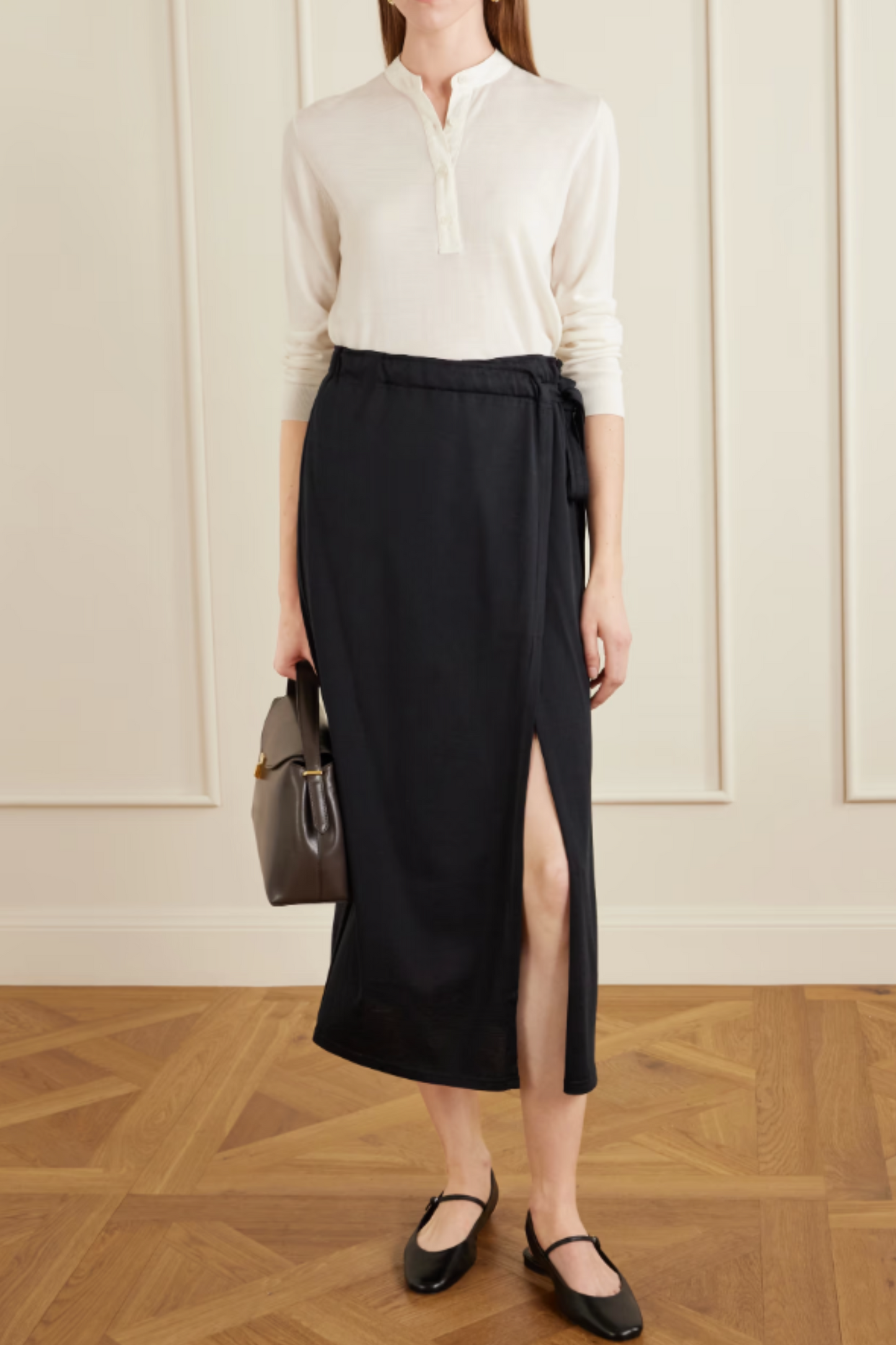 Organic cotton and silk-blend wrap midi skirt