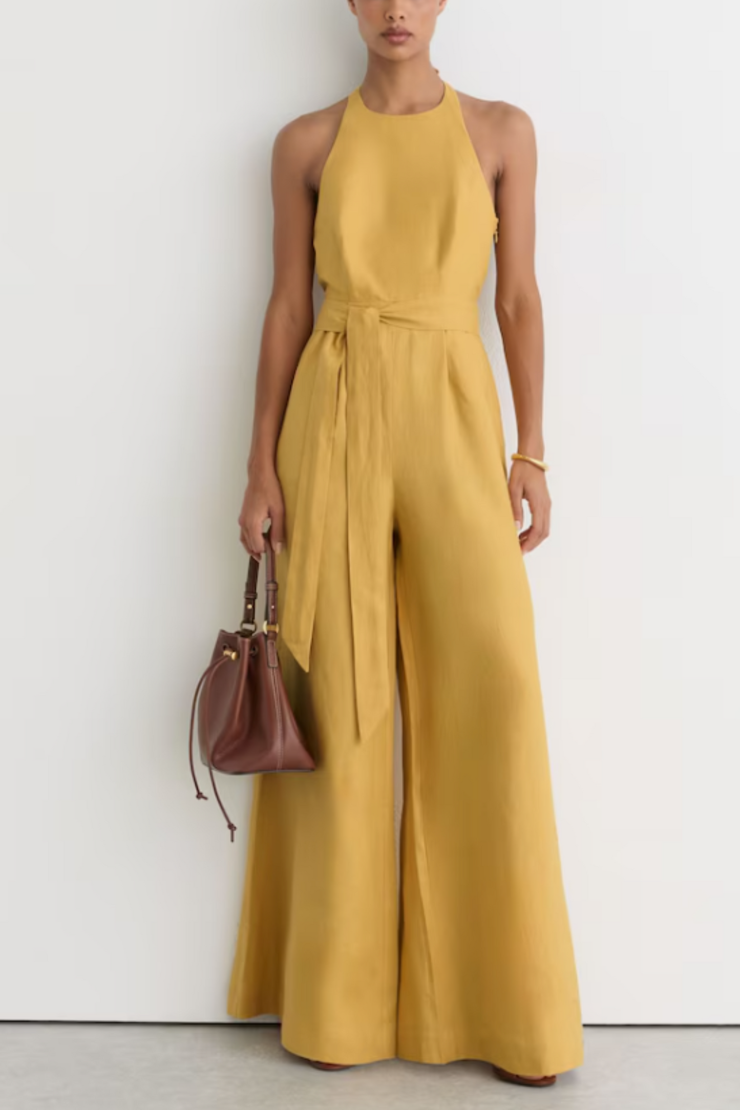 Linen Open-back Wide-leg Jumpsuit in Yellow