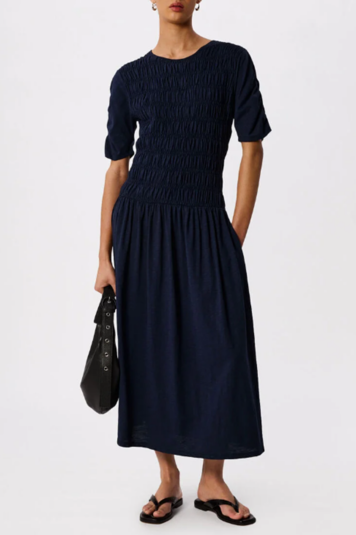 Navy Jersey Shirred Midi Dress