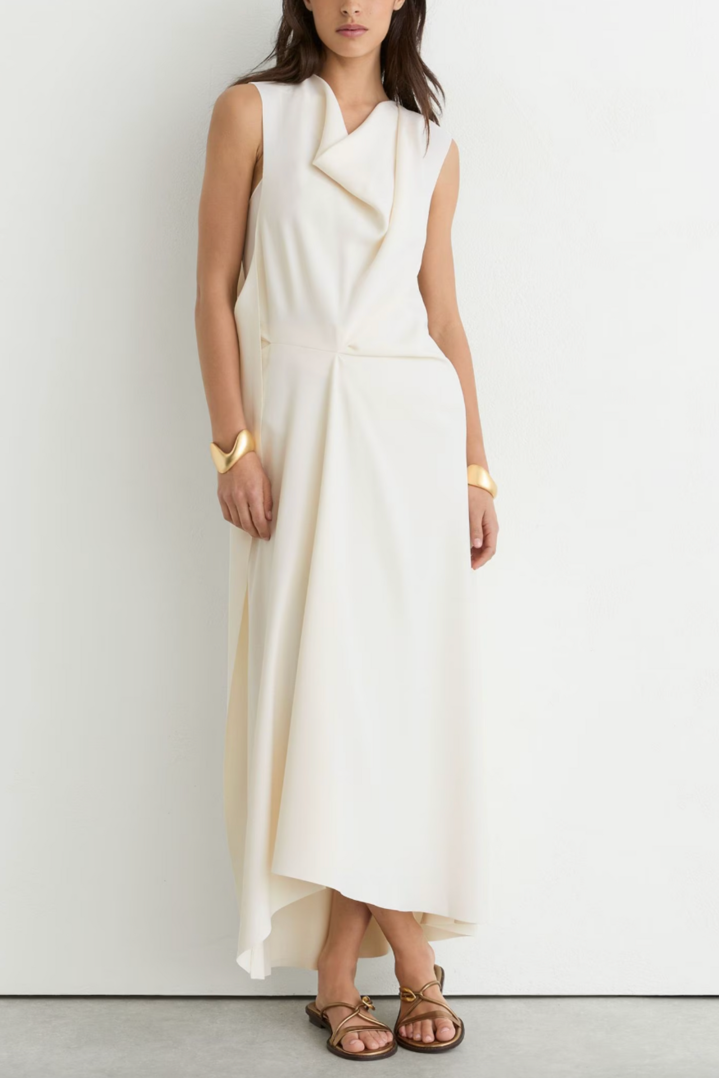 Drape-Detail Sleeveless Midi Dress in Ivory