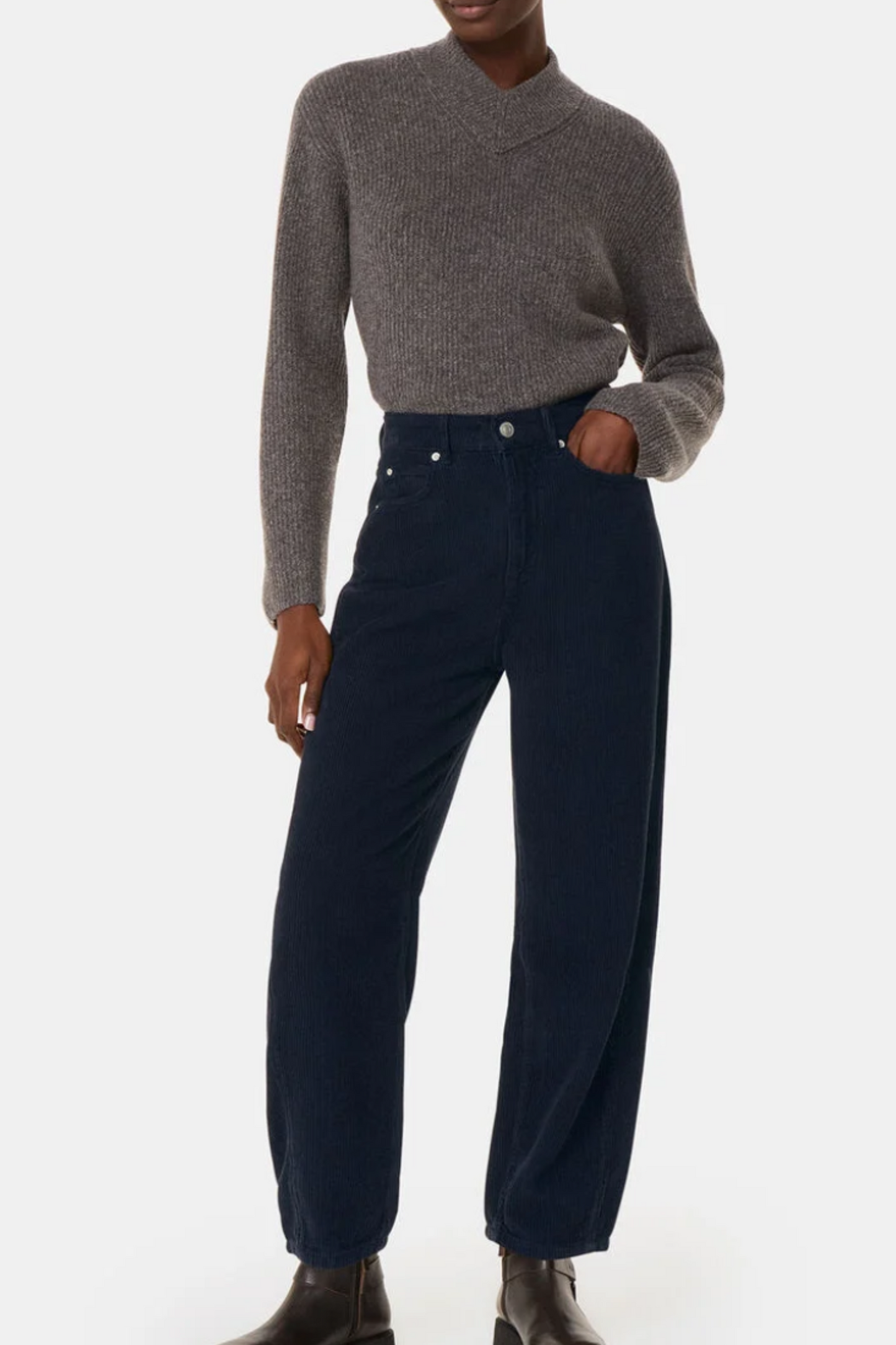 Navy High Waist Cord Barrel Jean