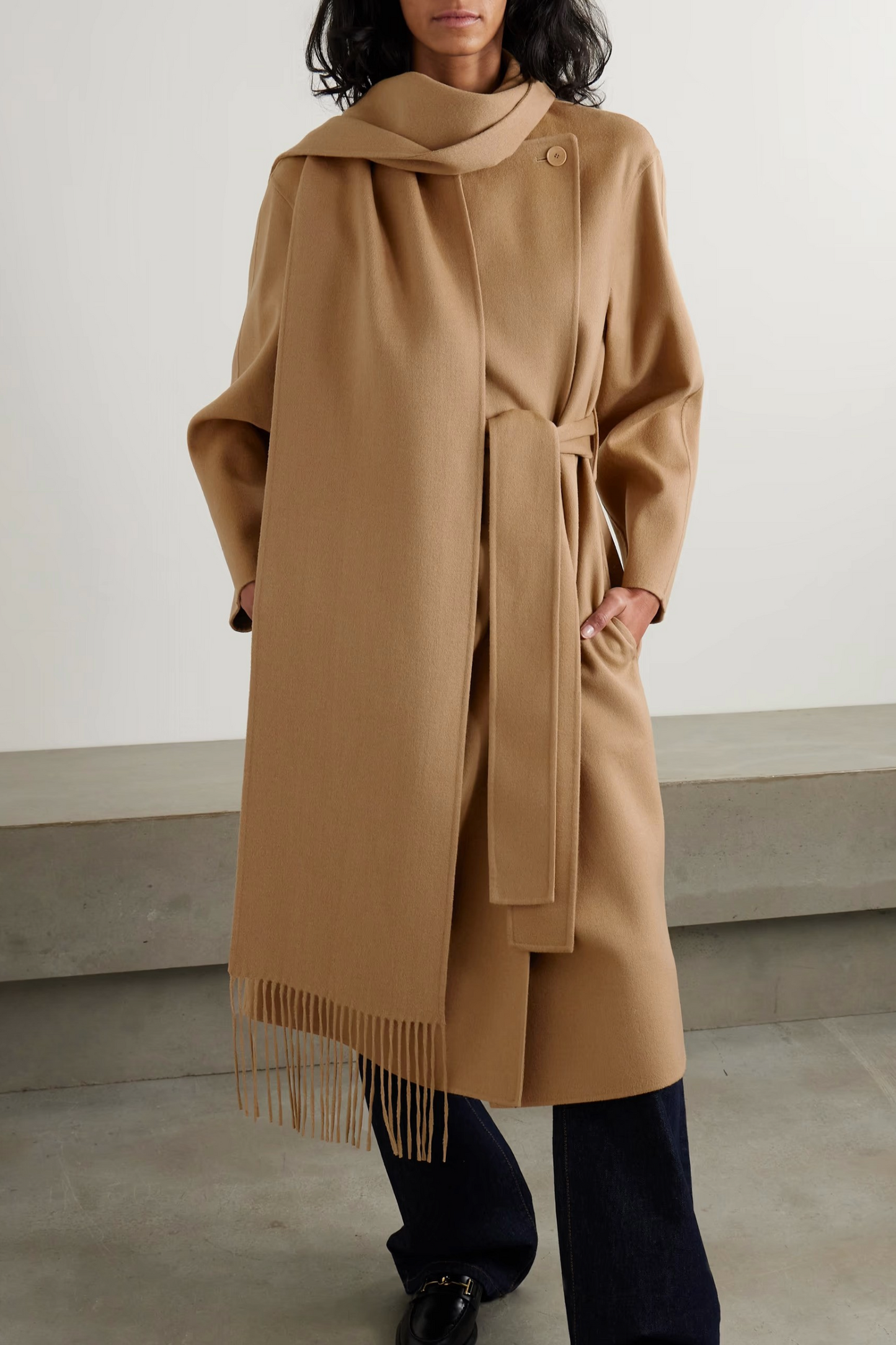 JOSEPH Lepage Fringed Scarf-detailed Double-breasted Wool and Silk-blend Coat