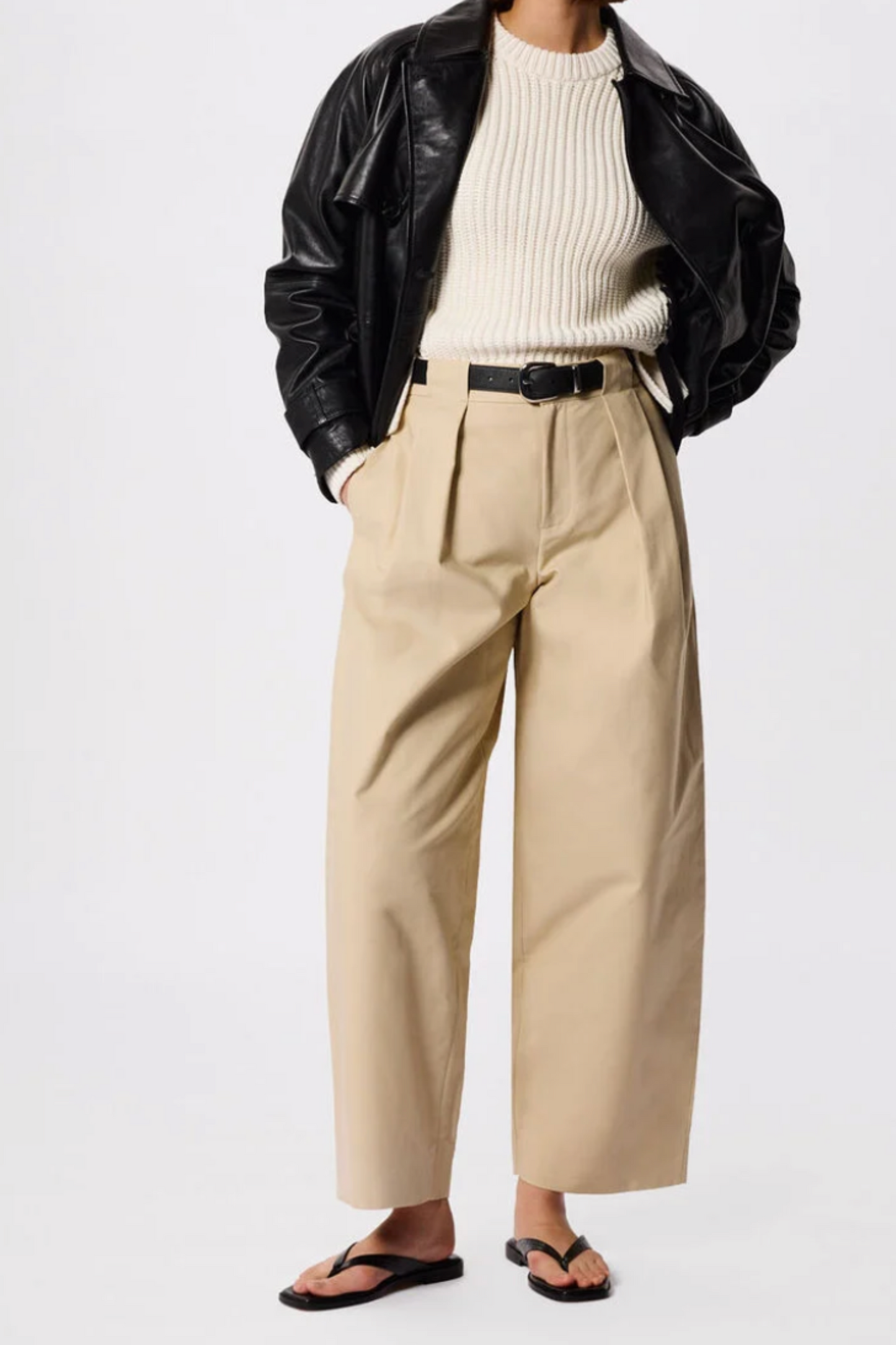Neutral Cotton Barrel Leg Trouser