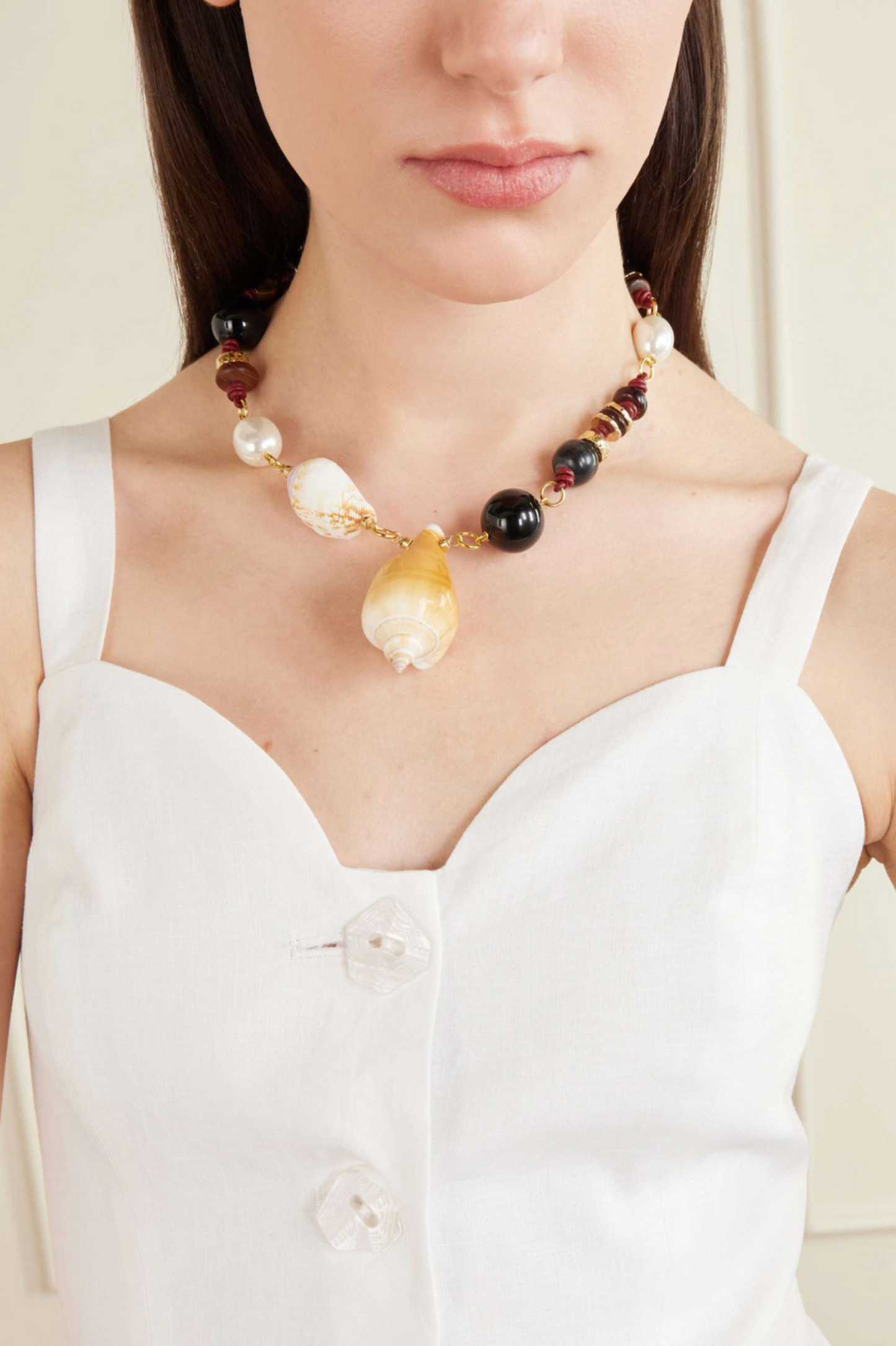 Samsara Gold-plated, onyx, Leather and Seashell Beaded Necklace