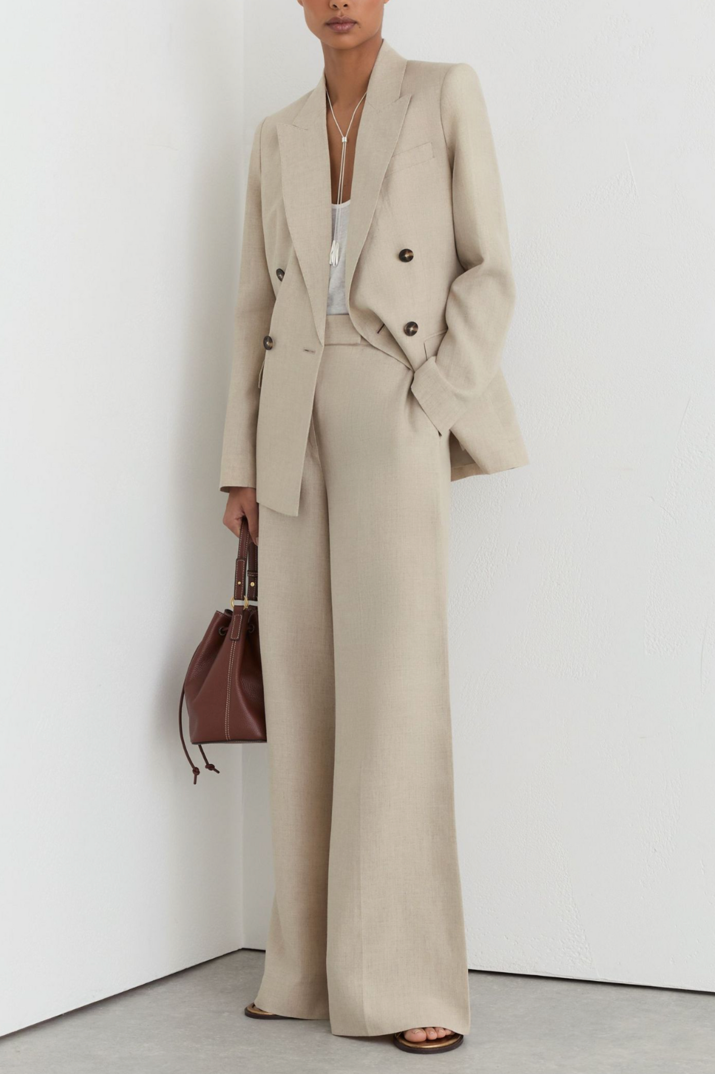 Linen Wide-Leg Suit Trousers in Neutral