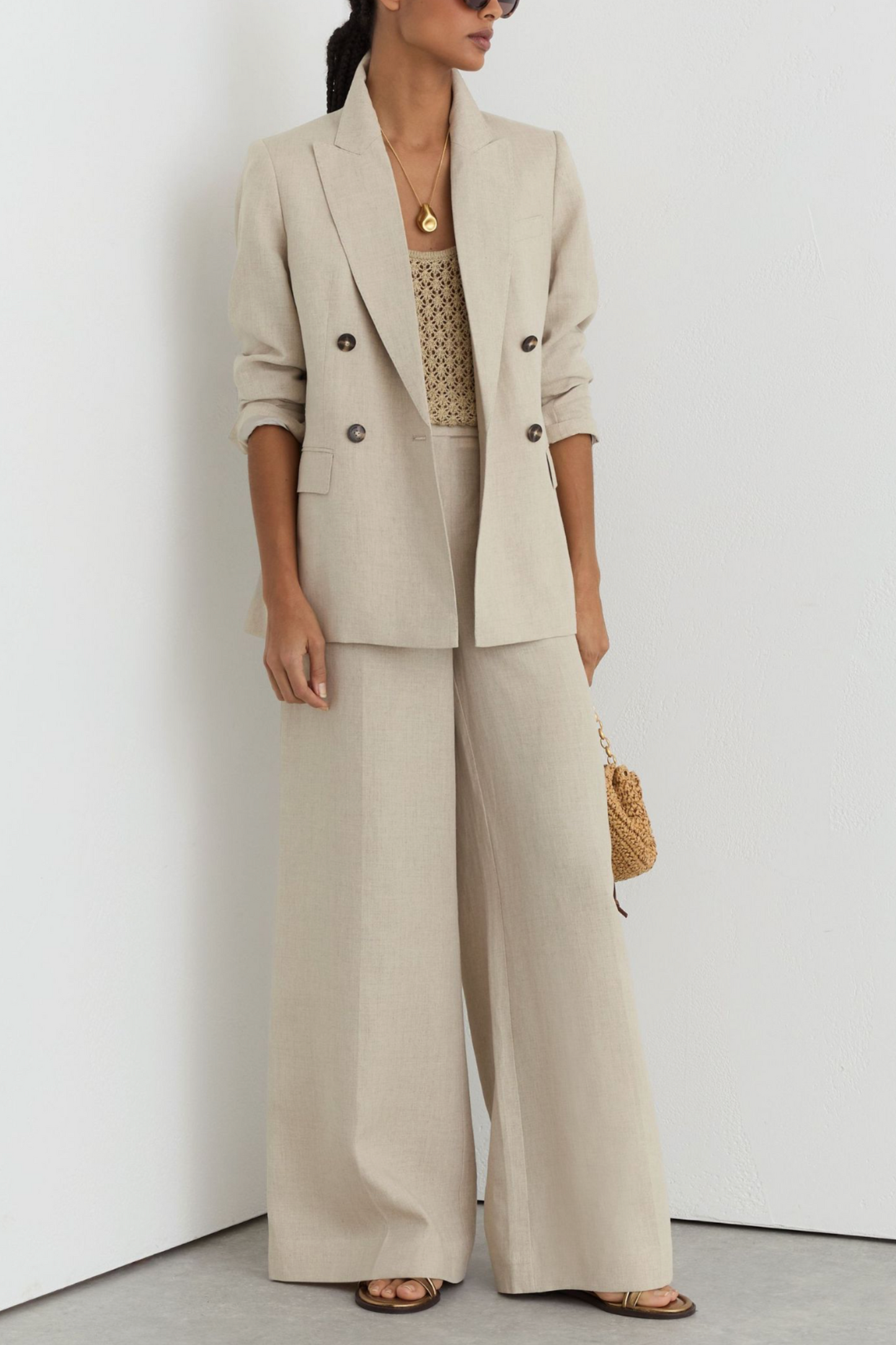Linen Double-Breasted Suit Blazer in Neutral