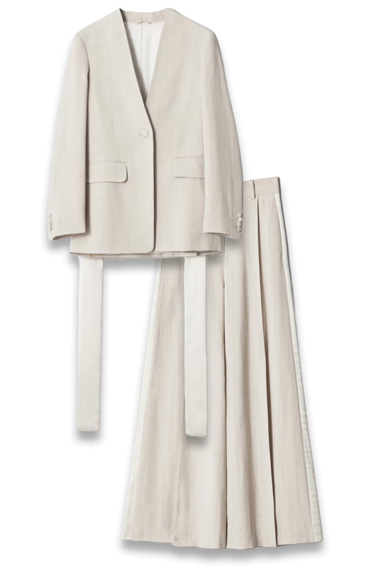 Collarless Blazer and Wide Press-Crease Trousers