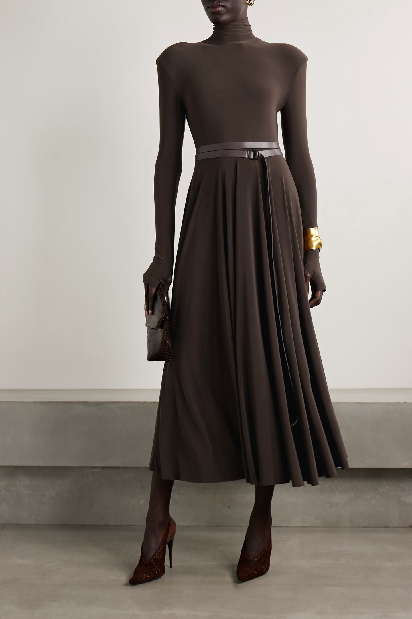 Belted Stretch-jersey Turtleneck Midi Dress