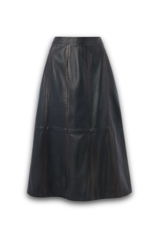 Black Burnished Leather Midi Skirt