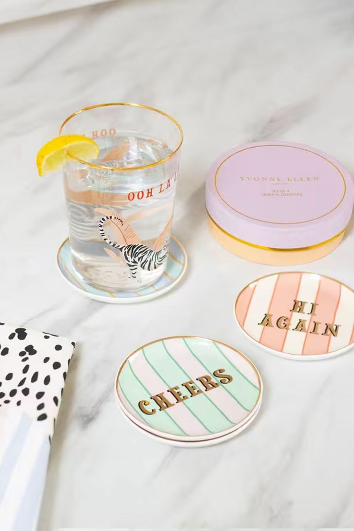 Slogan Round Ceramic Coasters, Set of 4, Assorted