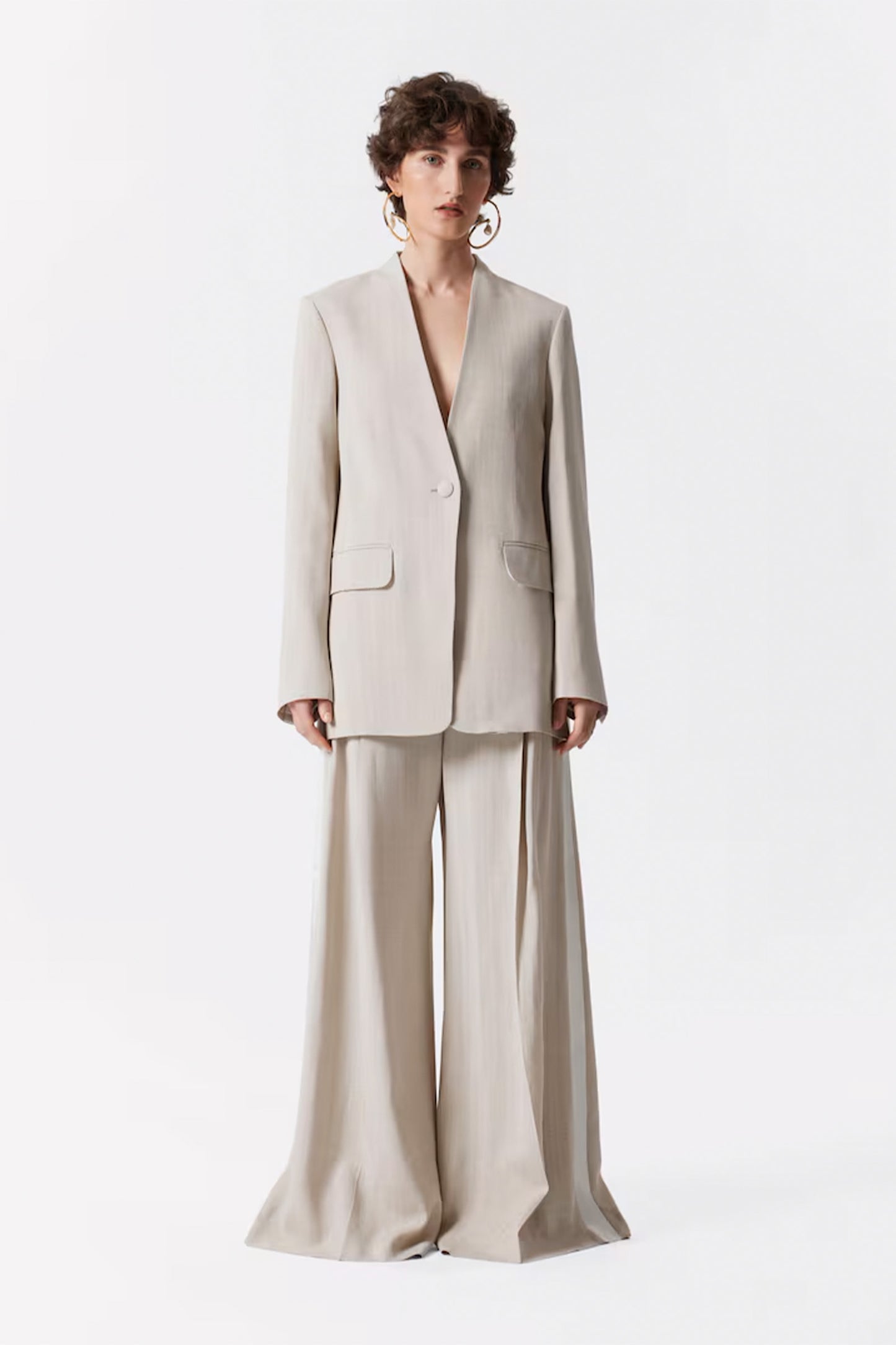 Collarless Blazer and Wide Press-Crease Trousers