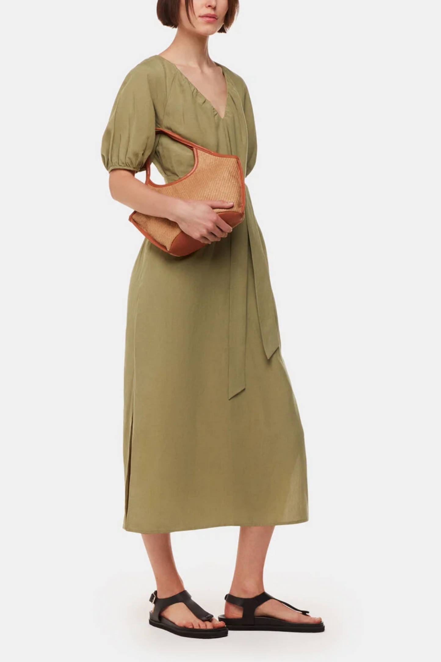 Khaki Ariella Linen Blend Midi Dress