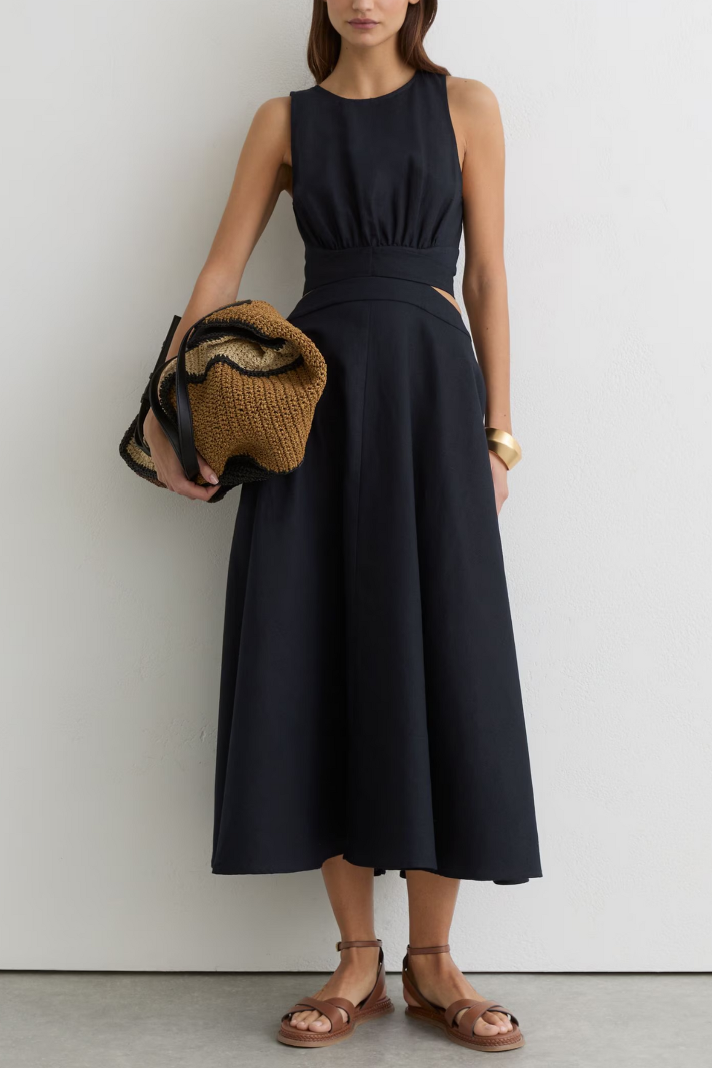 Linen-Cotton Cut-Out Midi Dress in Navy