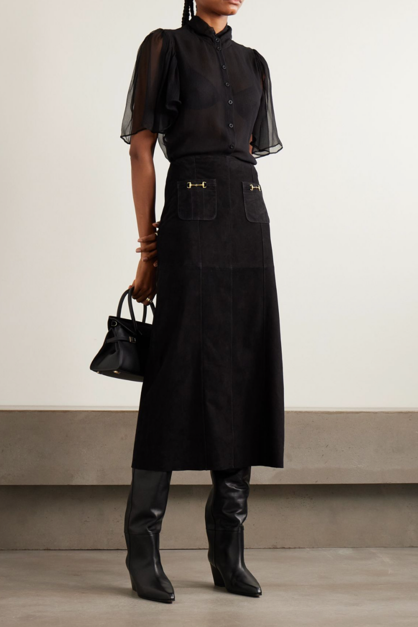 Edwina Embellished Paneled Suede Midi Skirt