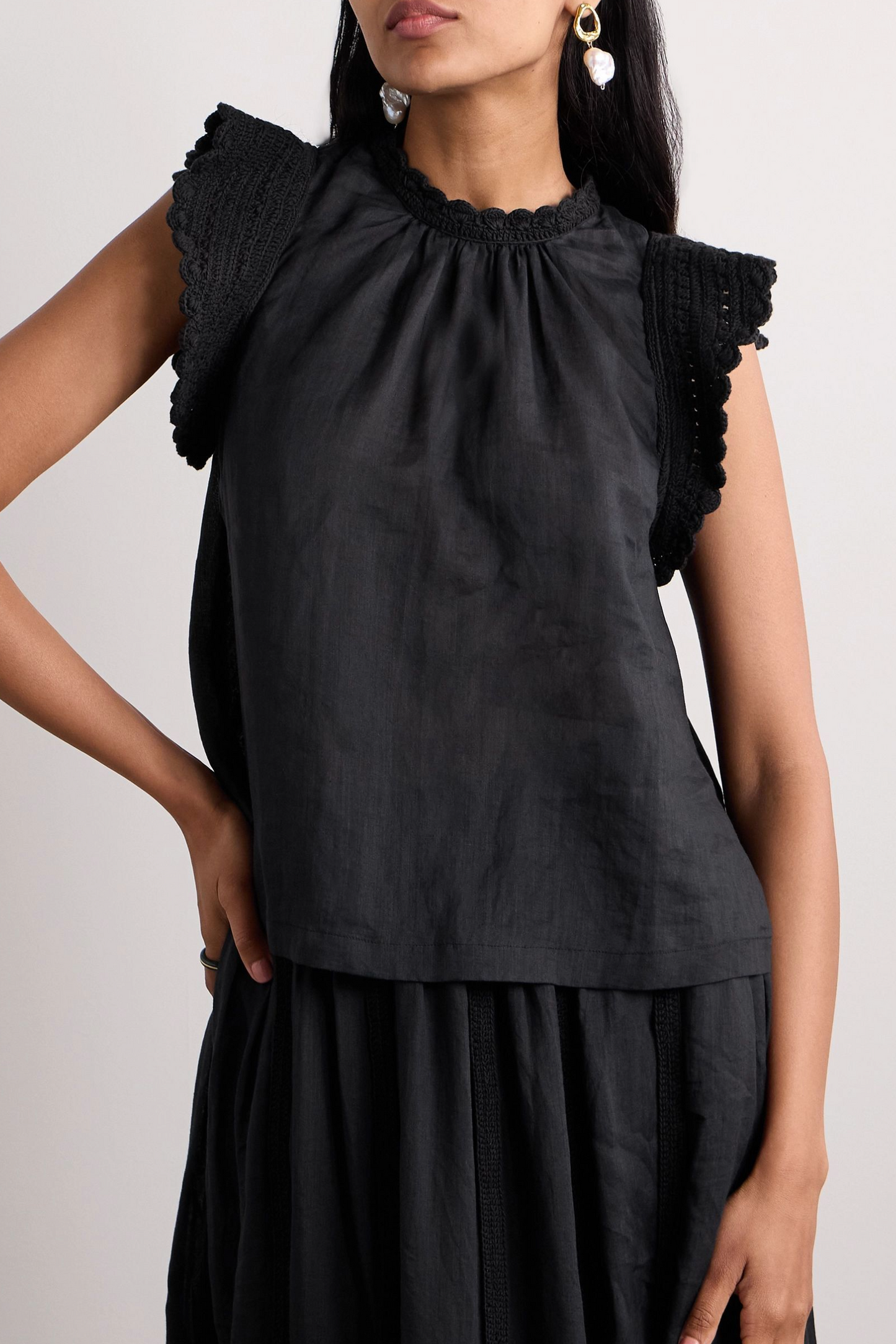 ULLA JOHNSON Kai Crocheted Cotton-trimmed Ramie Blouse