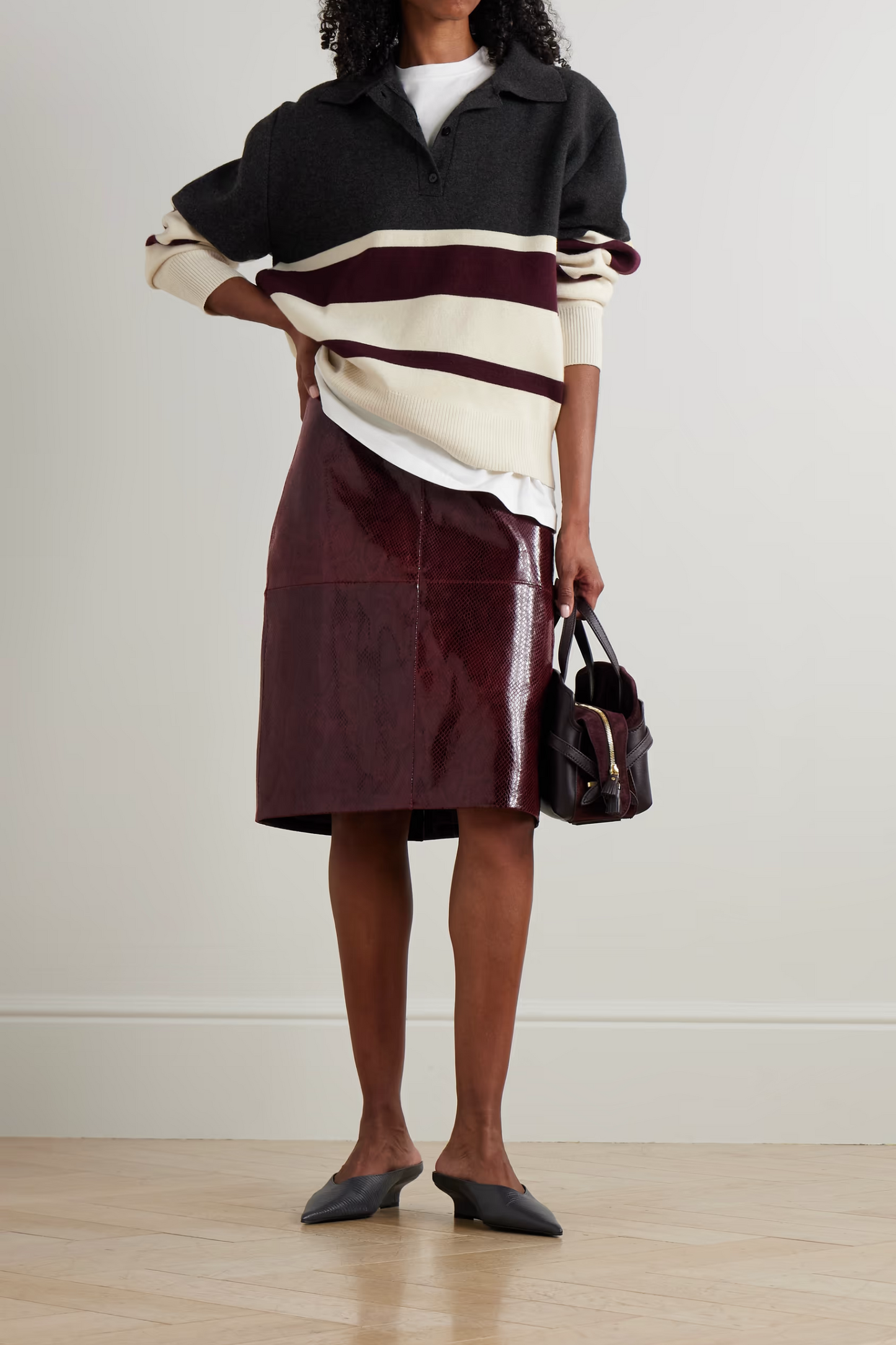 Paneled Snake-effect Patent-Leather Midi Skirt