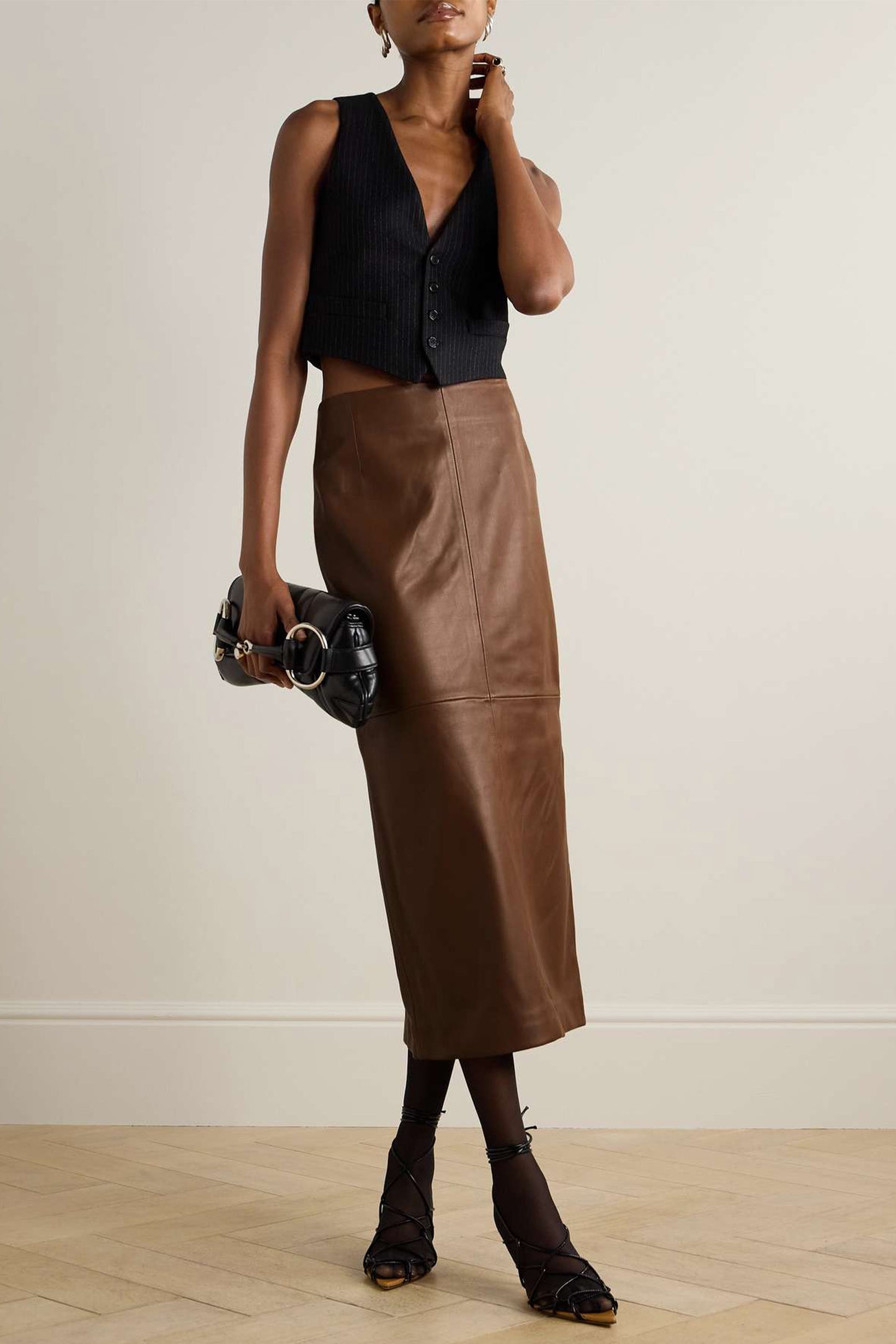 Selly Paneled Leather Midi Skirt