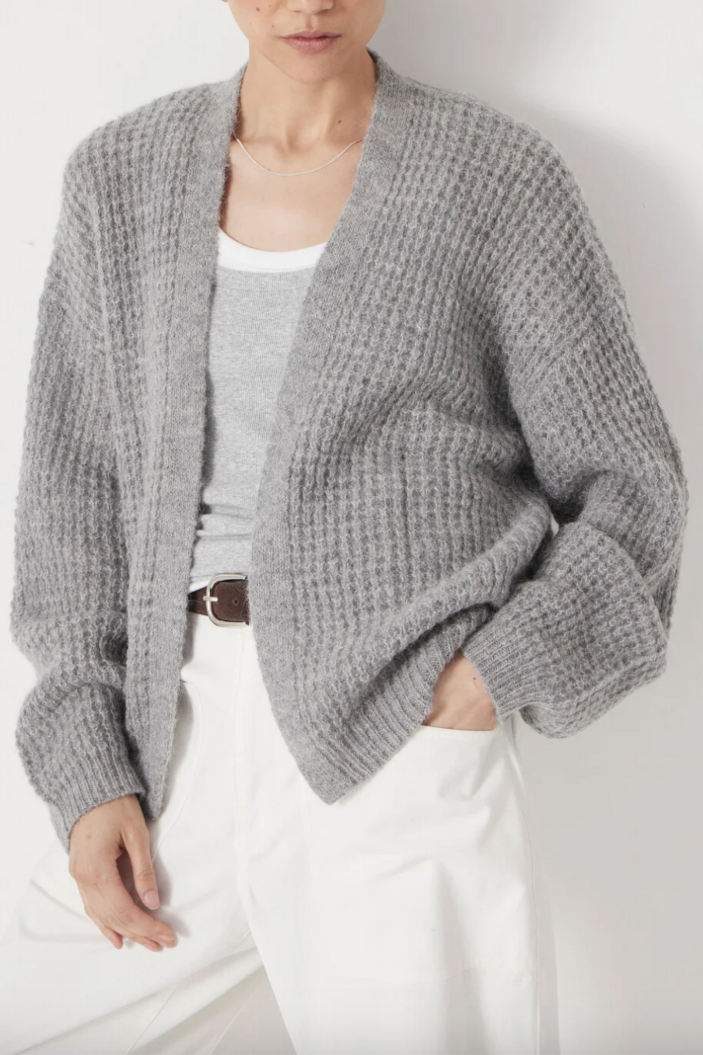 Waffle Stitch Wool Blend Edge To Edge Cardigan