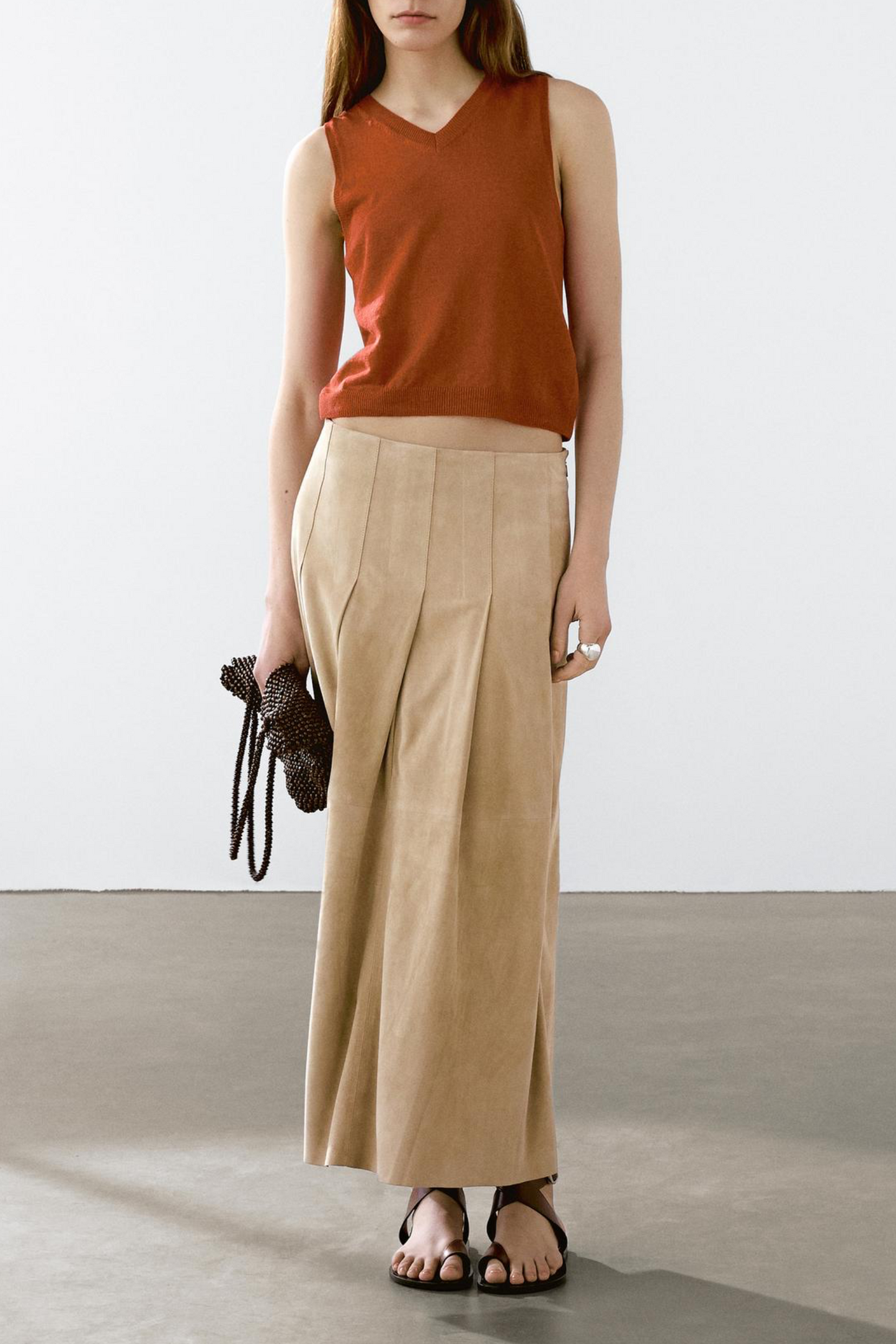 Long Pleated Leather Suede Skirt