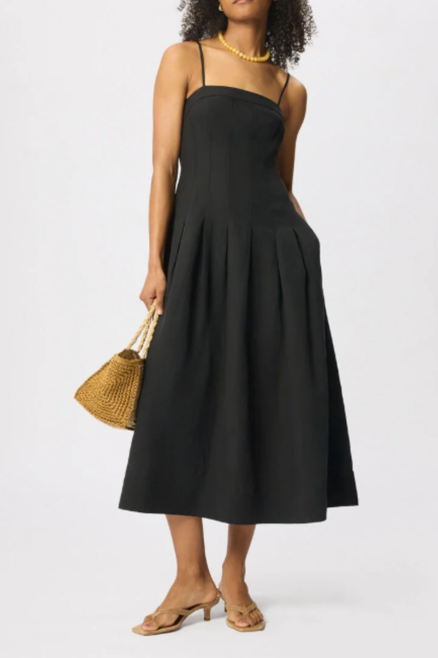 Black Linen Blend Waisted Midi Dress