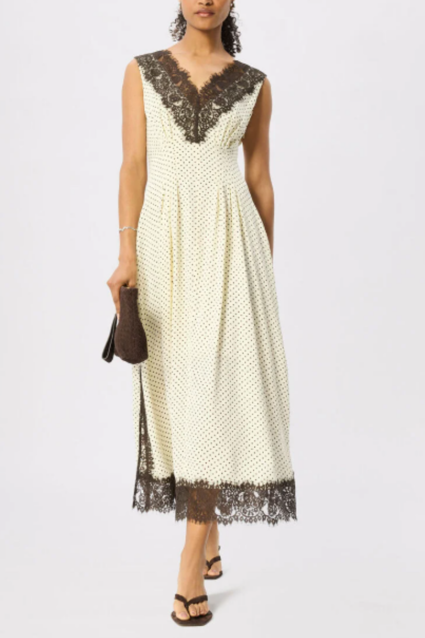 Yellow Lace V Neck Spot Midi Dress