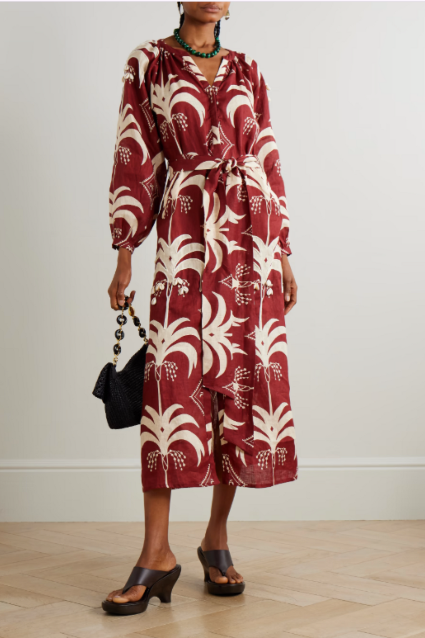 Weaving Waves Belted Embellished Printed Linen Midi Dress