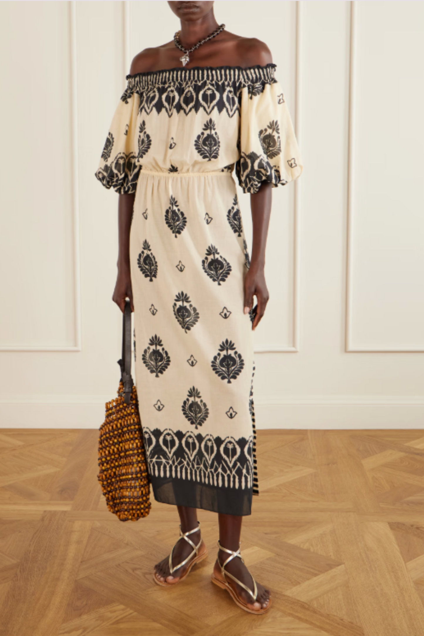 Harbor Hues Off-the-shoulder Ruched Printed Cottons-poplin Midi Dress