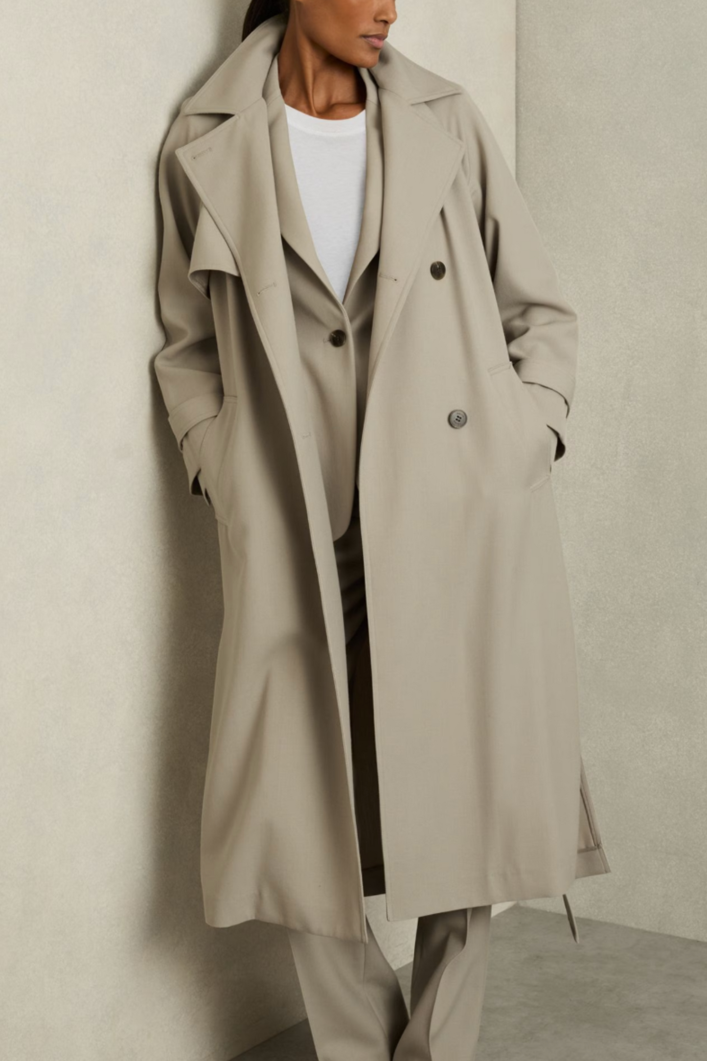 Maddox Wool-Blend Double-Breasted Trench Coat in Neutral