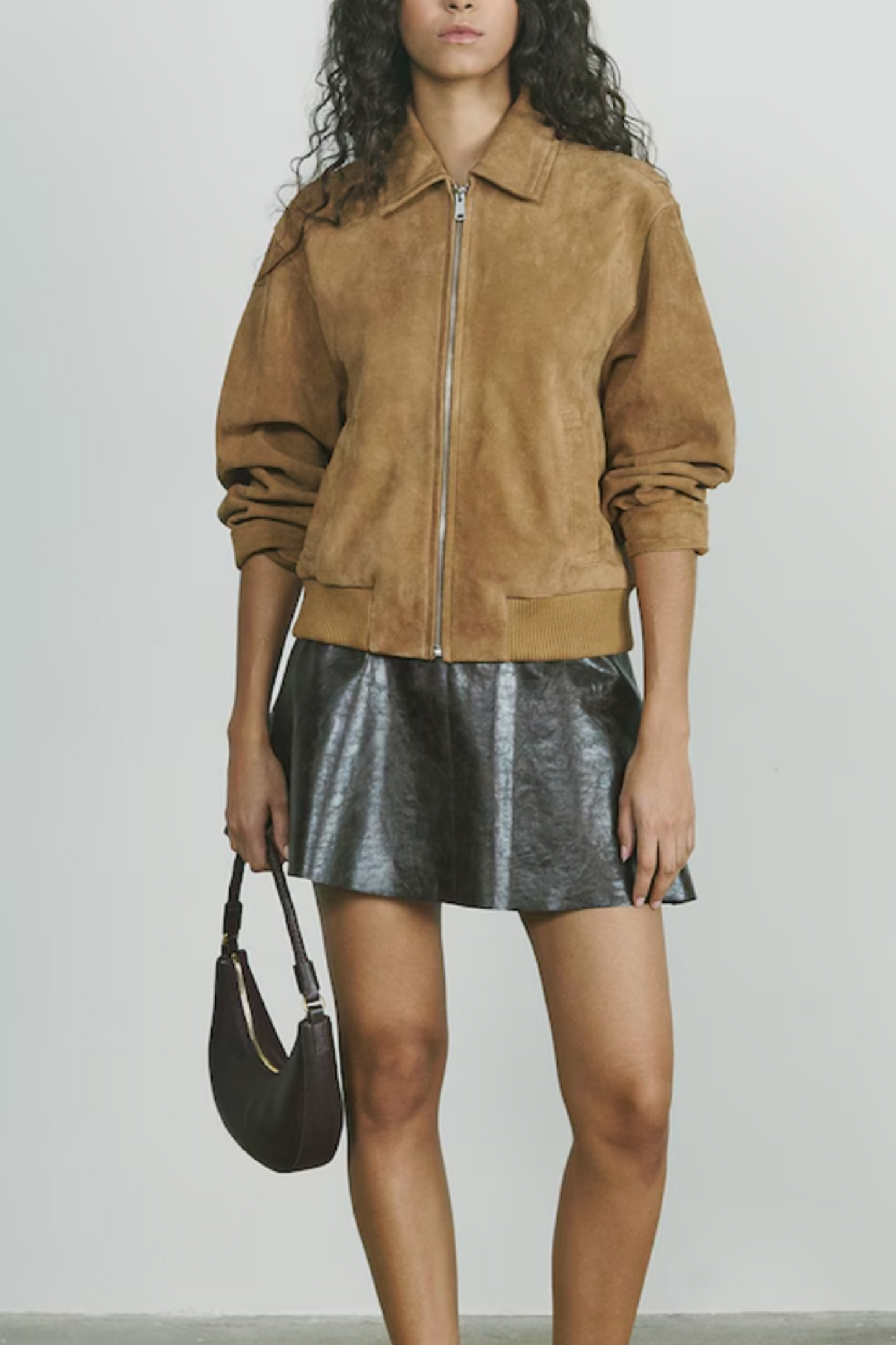 Gia Suede Zip Through Bomber Jacket in Tan