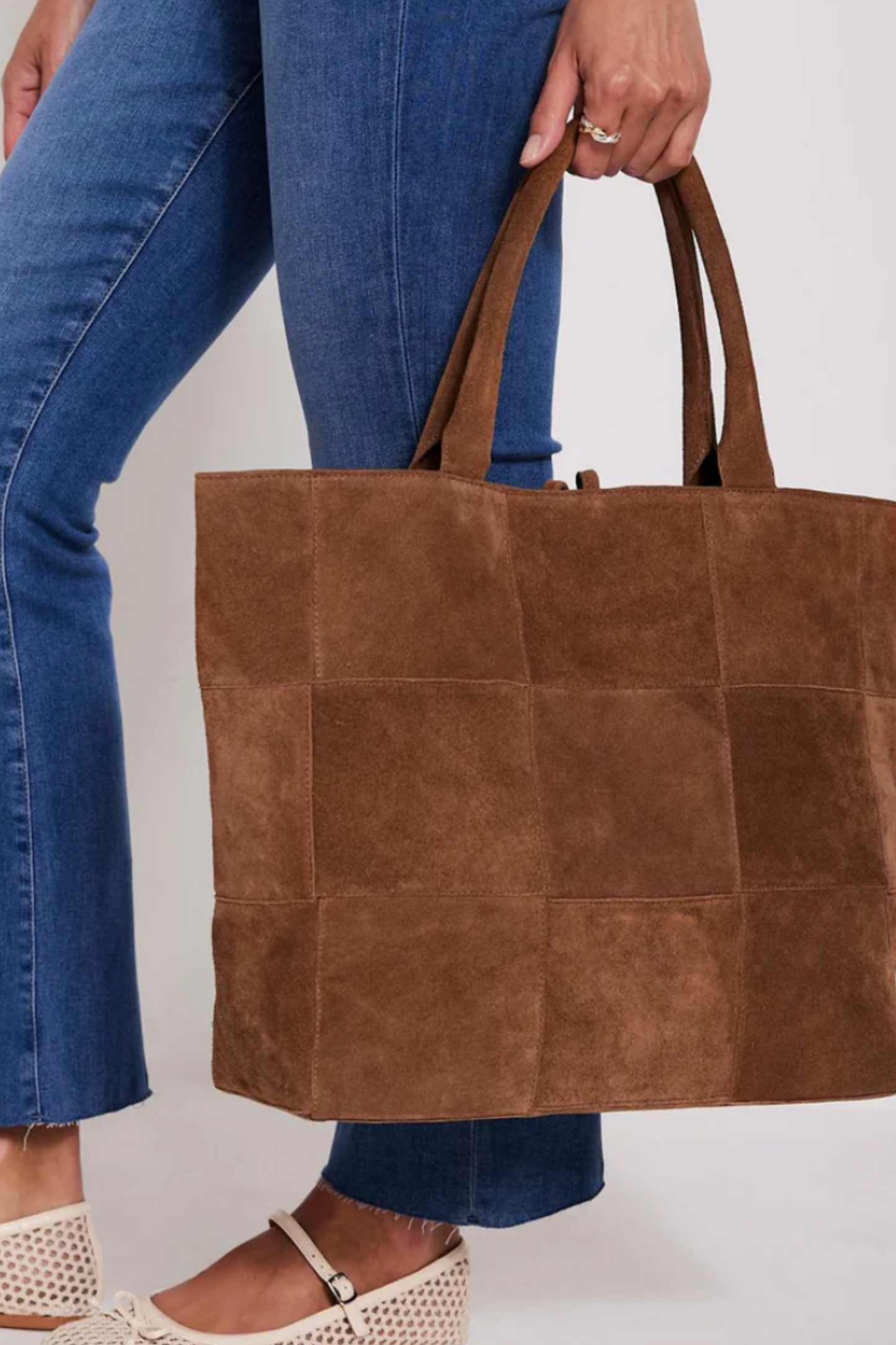 Tan Suede Woven Tote Bag