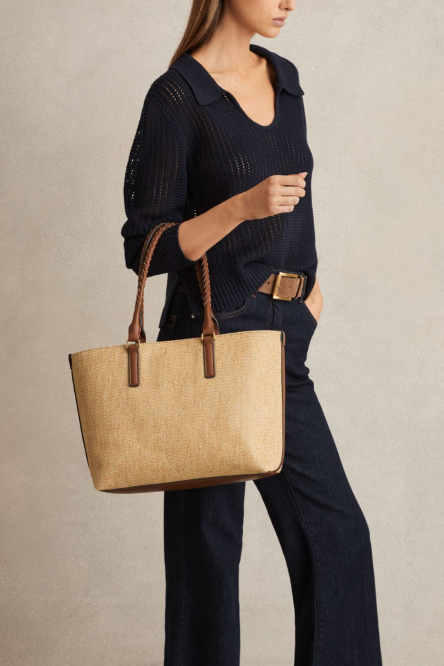 Noelle Raffia Braided Strap Tote Bag in Tan