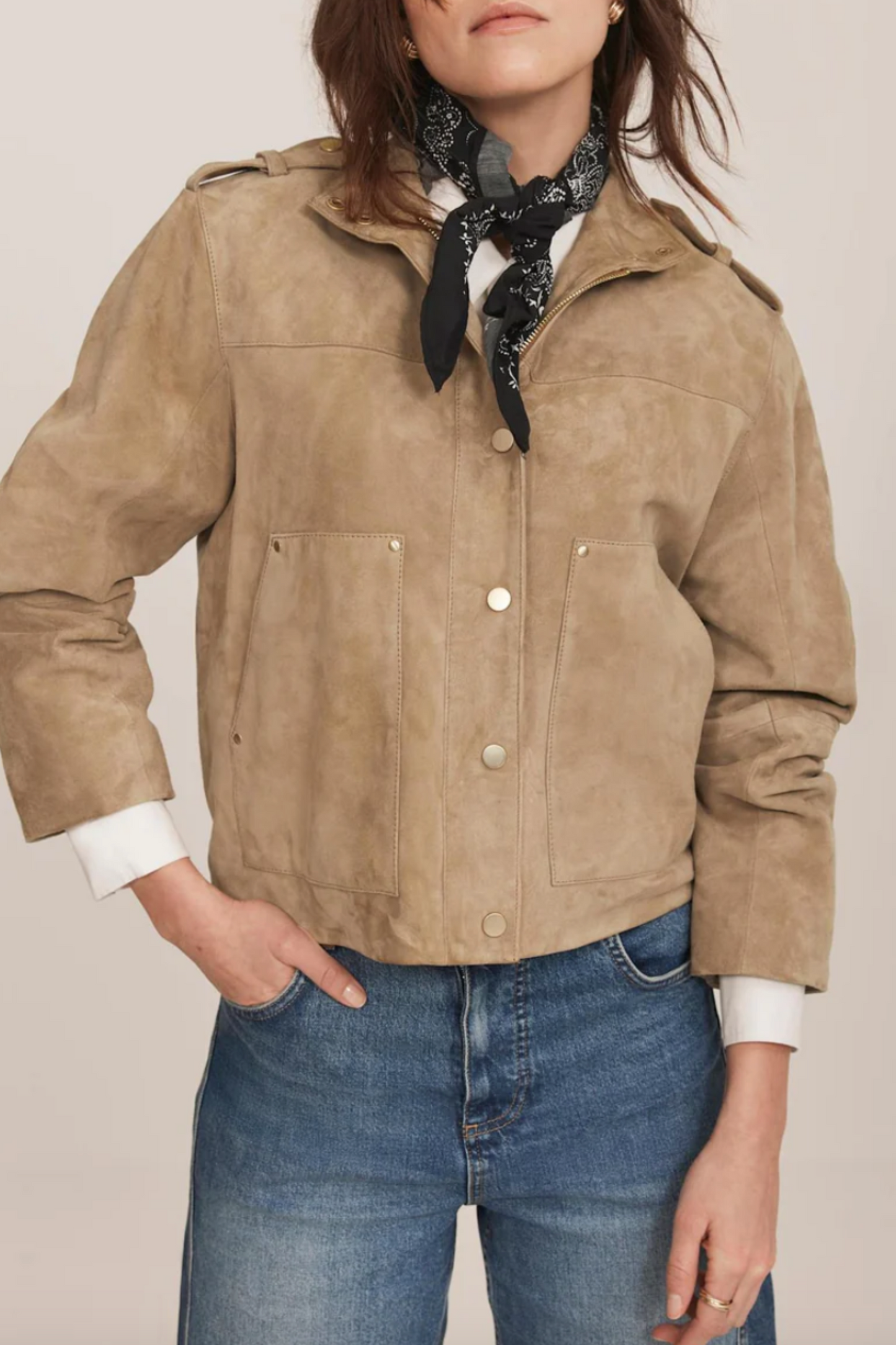 Neutral Suede Funnel Neck Jacket