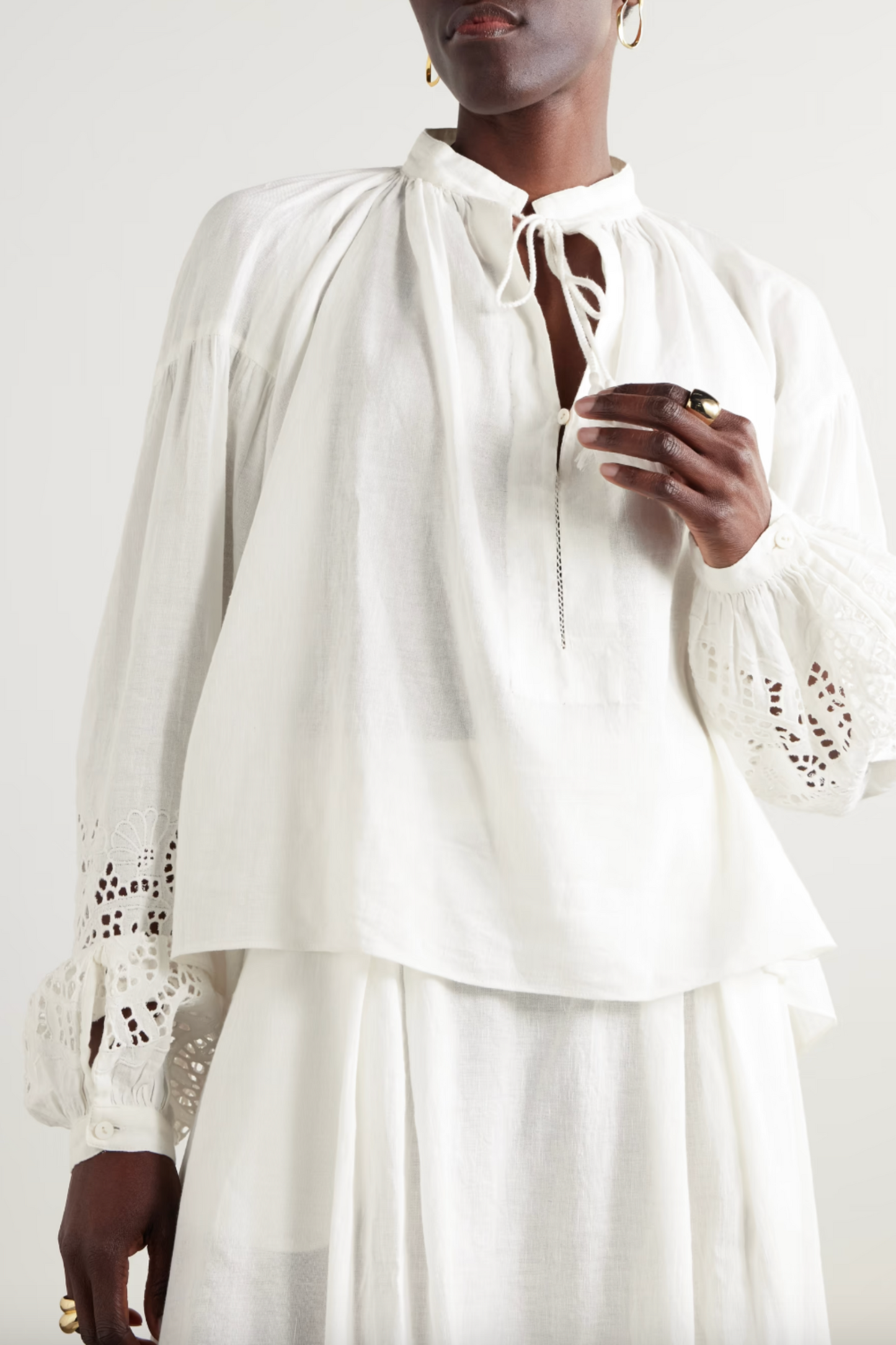 Gathered Broderie Anglaise Linen and Cotton-blend Blouse